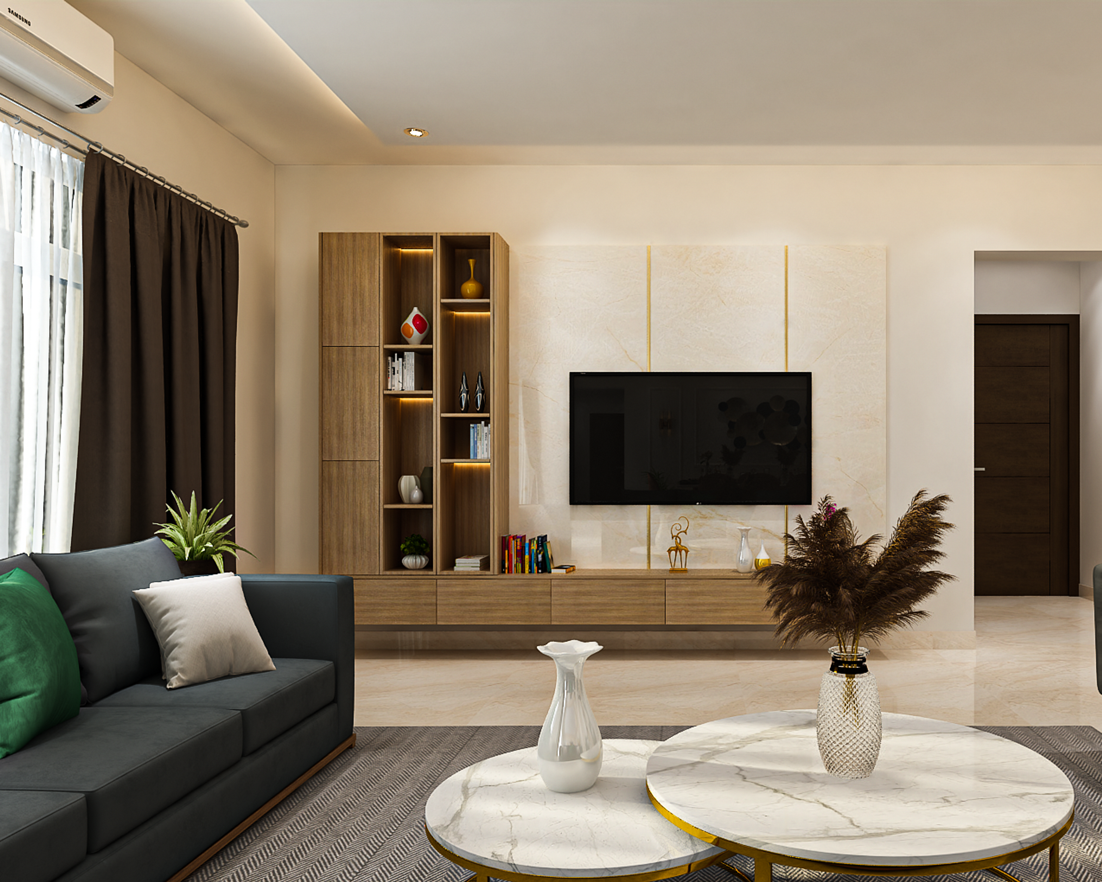 Wooden Contemporary TV Unit Design With Open Shelves