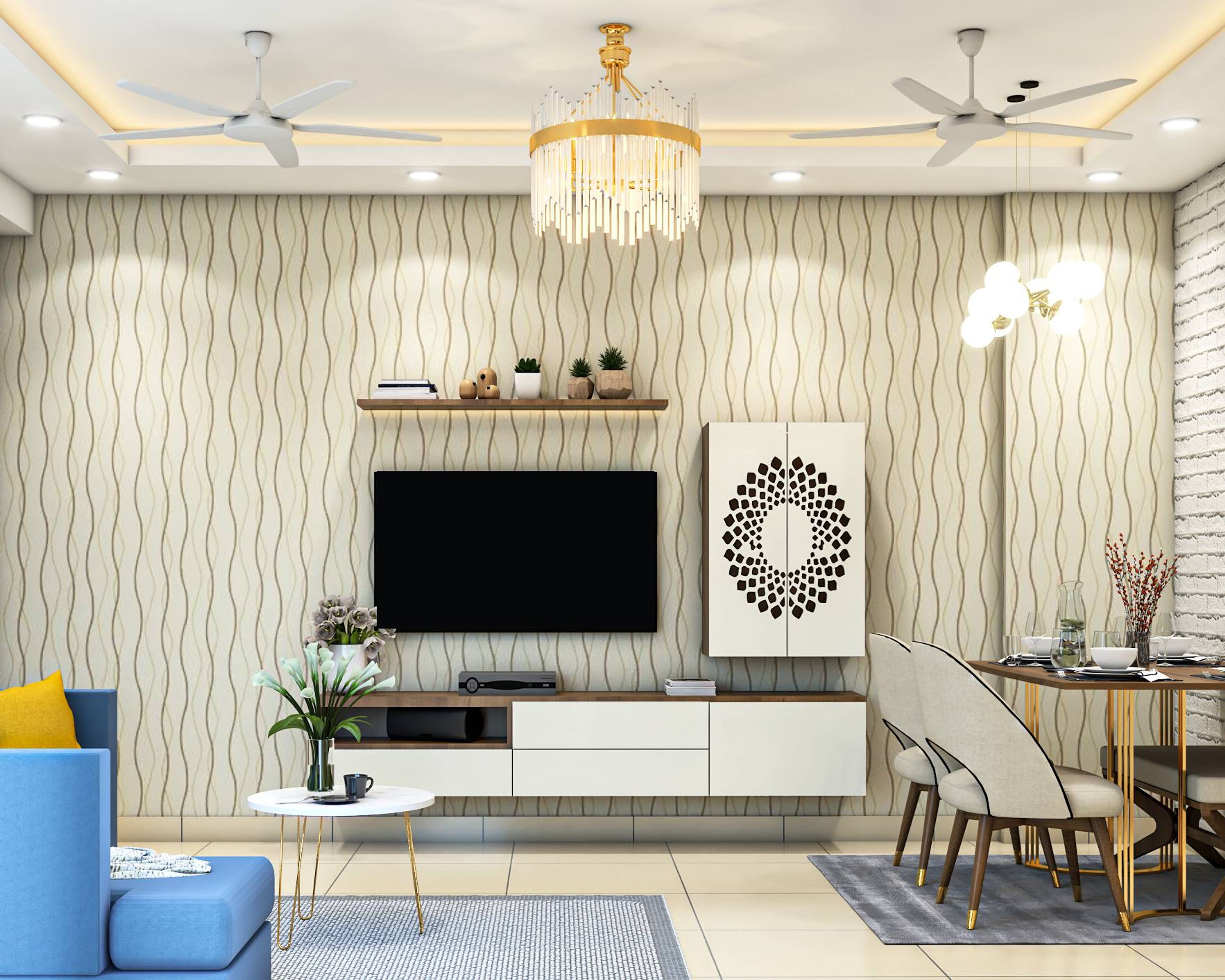 Spacious TV Unit Design With Textured Accent Wall