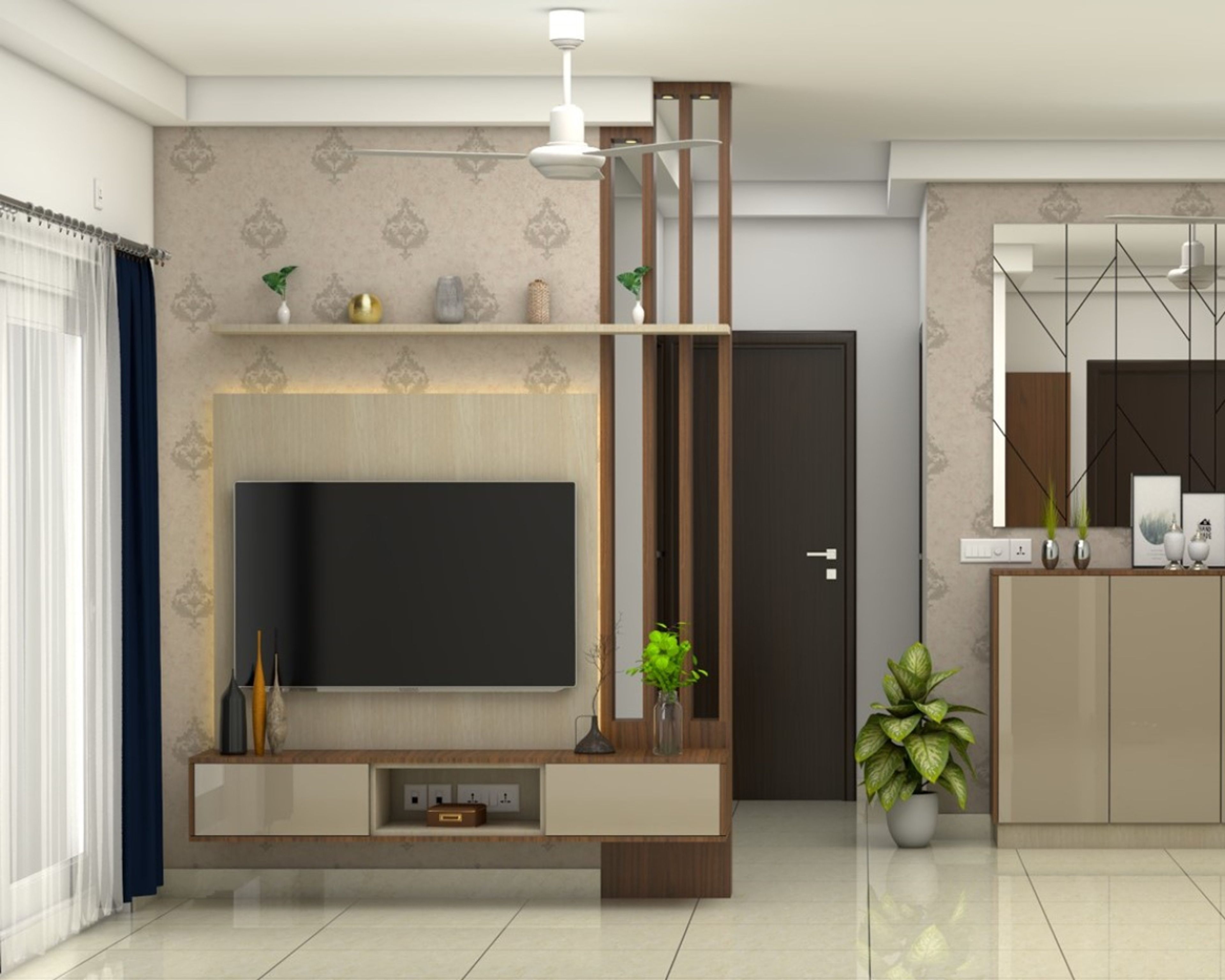 Compact TV Unit Design With Beige Damask Wallpaper