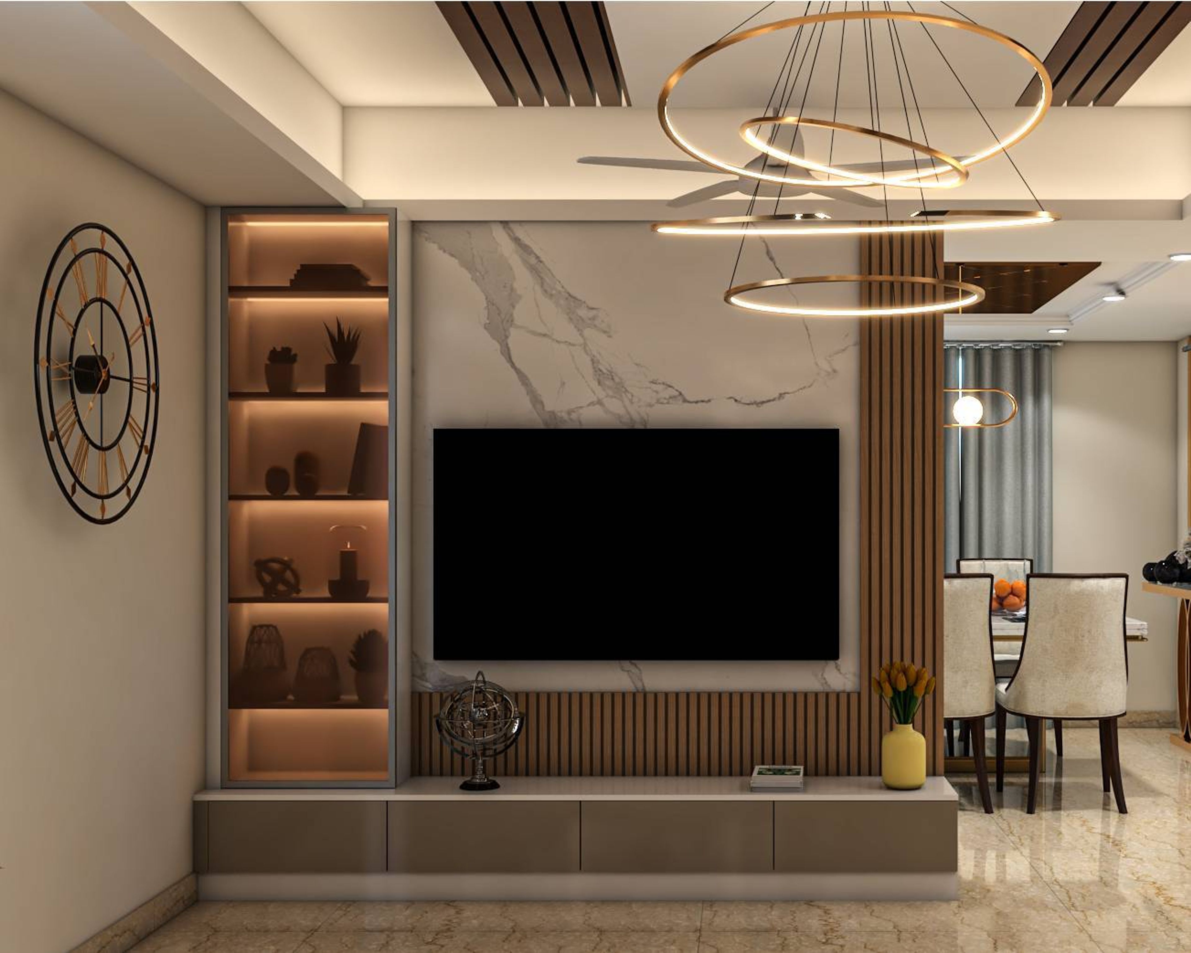 Contemporary Beige Toned TV Unit Design With Console Table