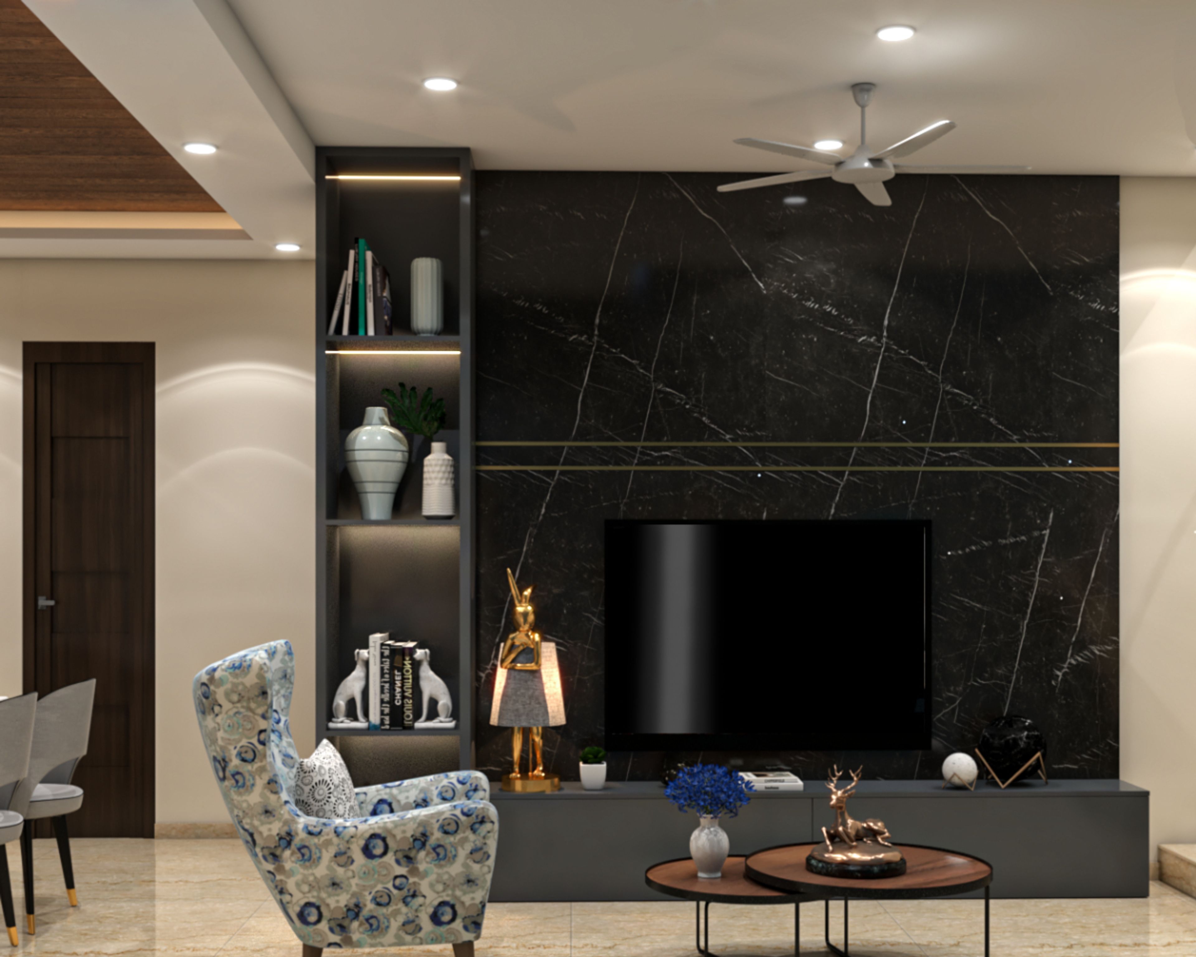Contemporary TV Unit Design With Black Marble Wall Panel