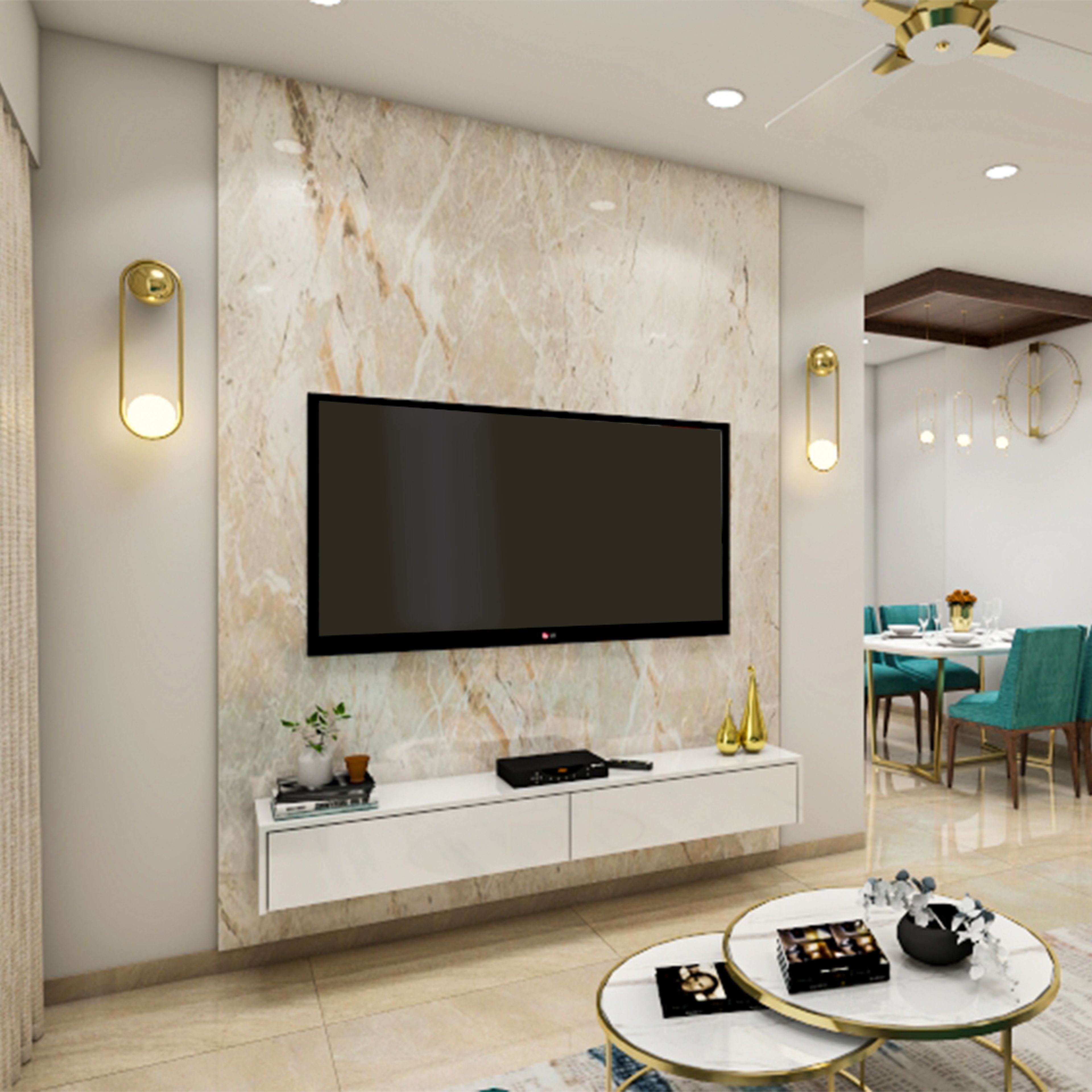 Contemporary Style Compact Size TV Unit Design With Stone Wall Panel