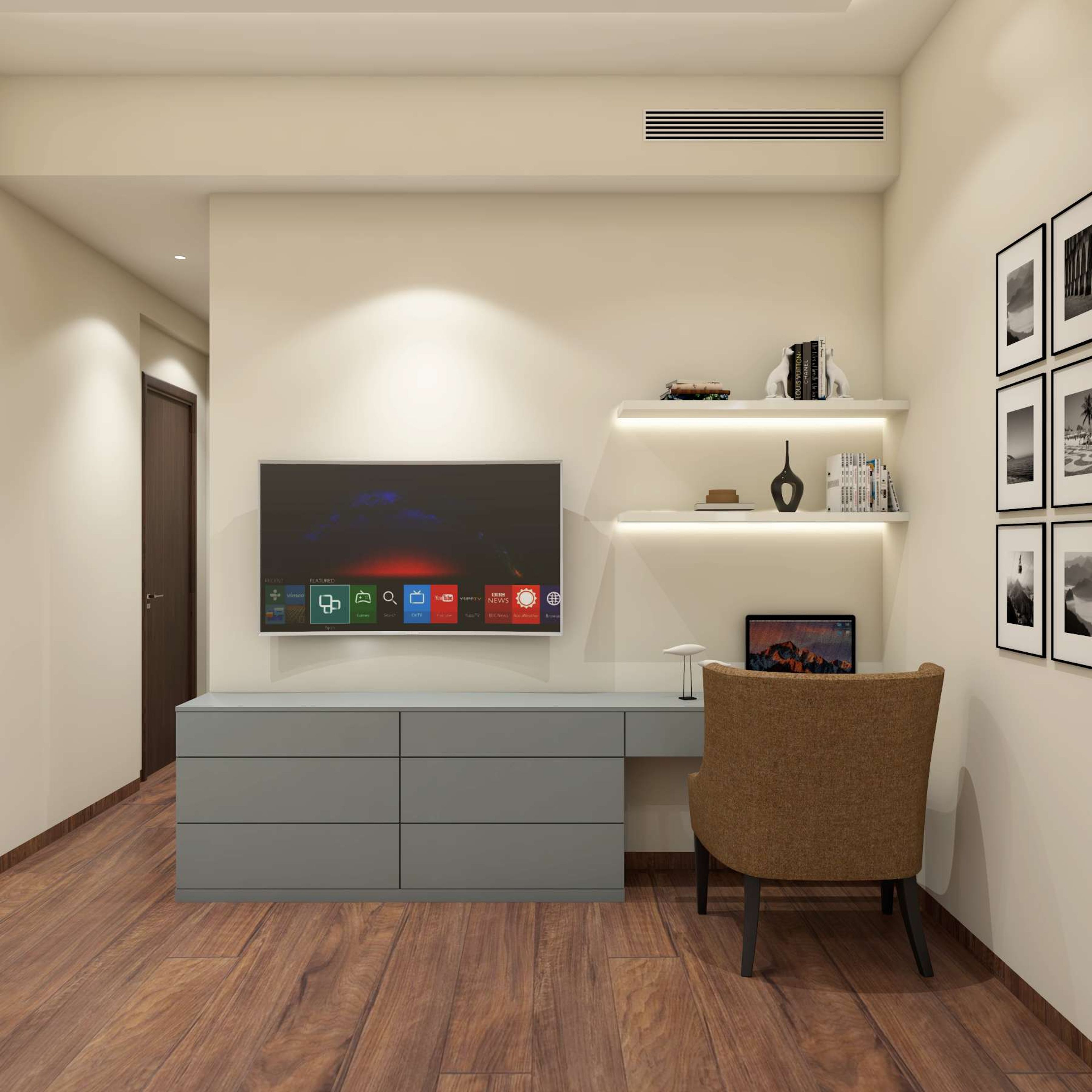 Modern Compact TV Unit Design With Grey Console Cabinet