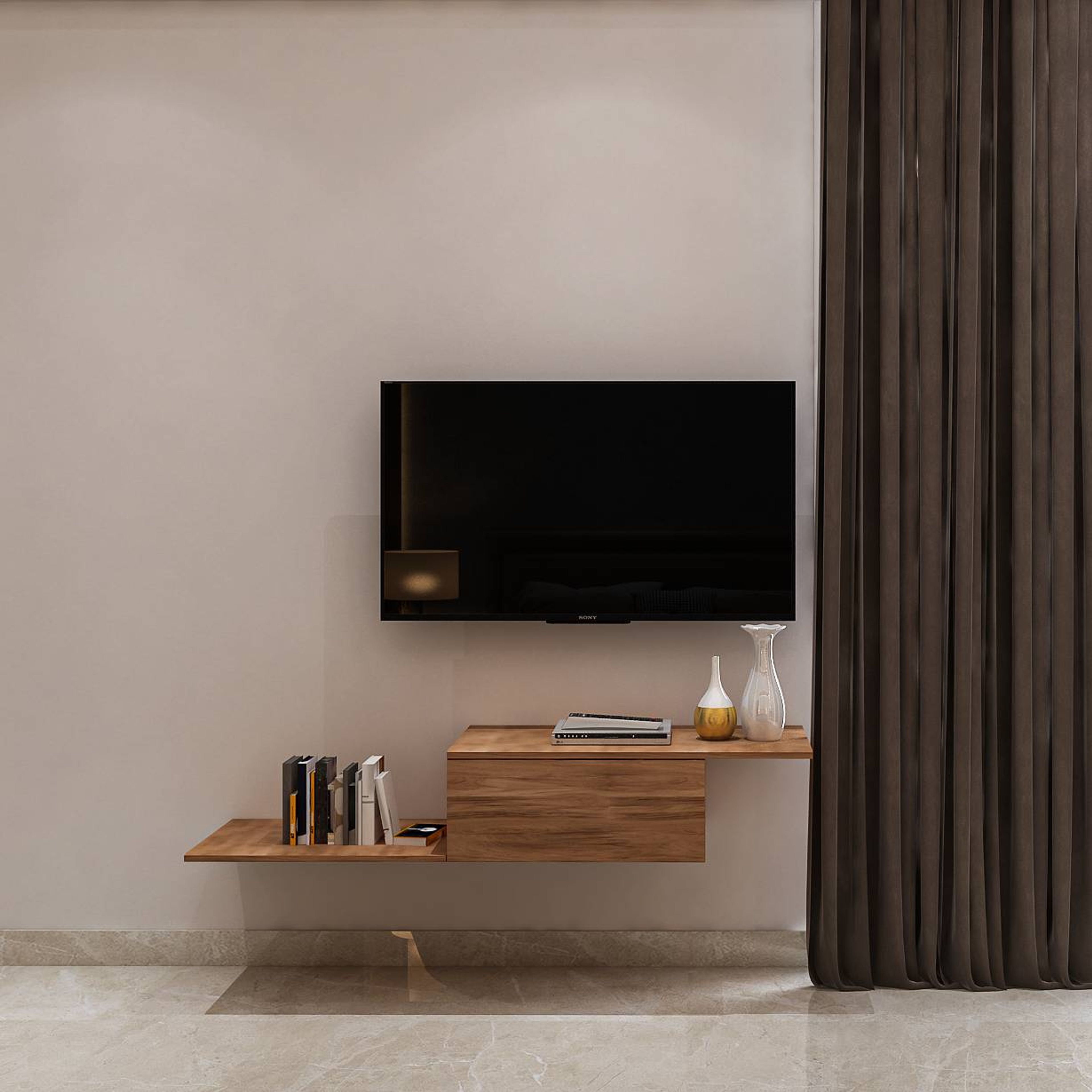 Spacious Minimalistic TV Unit Design With Wooden Ledges