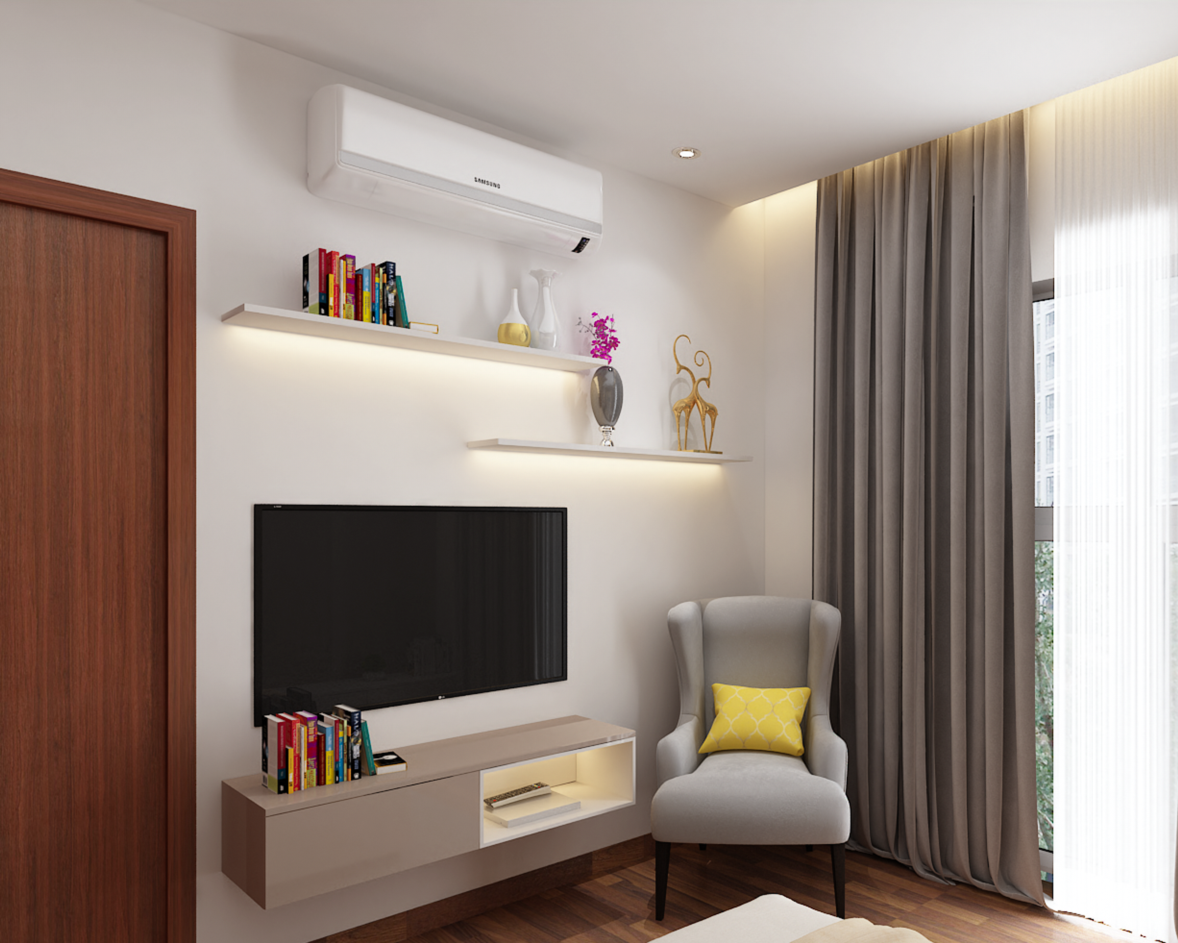 Modern Wall-Mounted TV Unit Design With Open Shelves