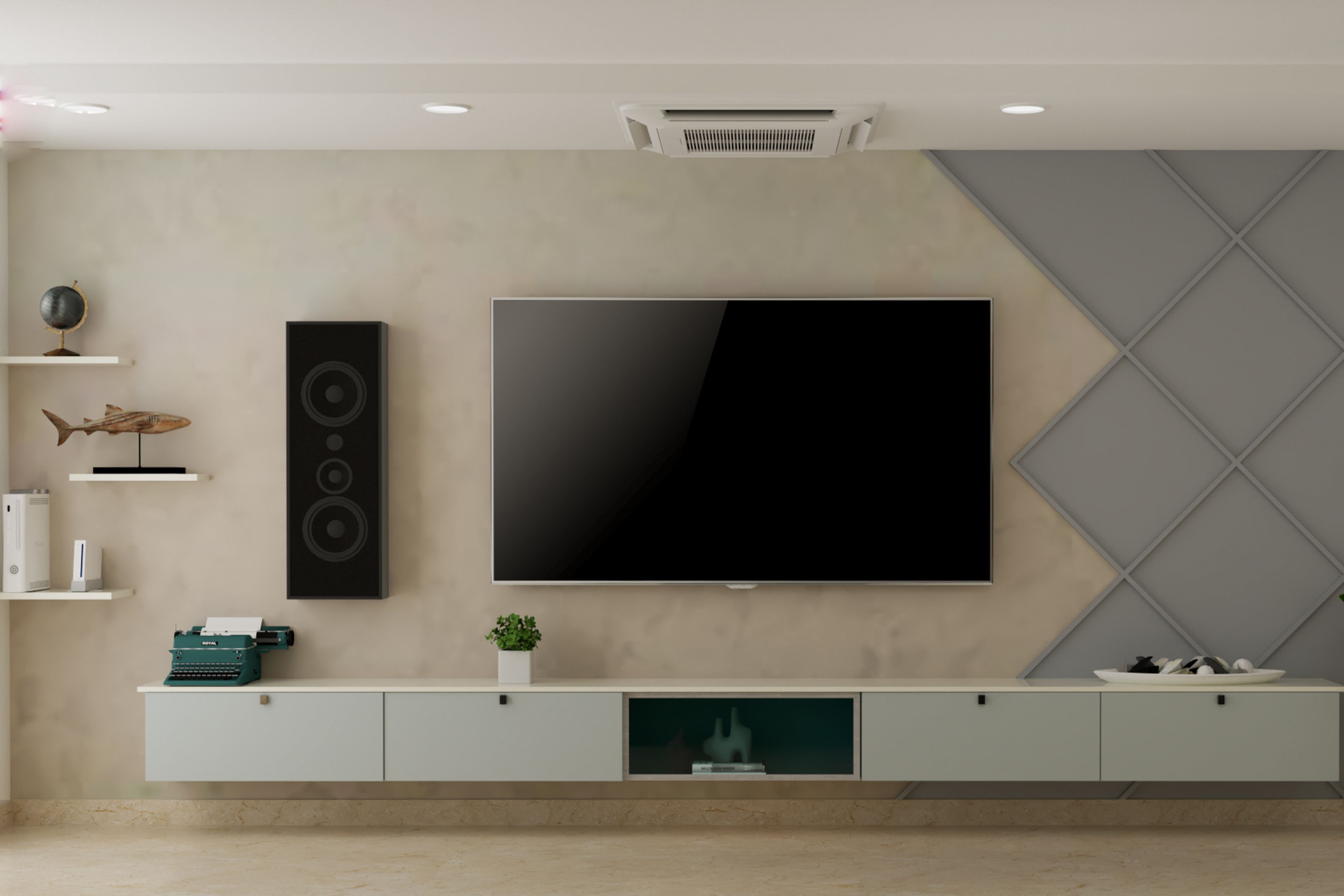Modern TV Unit Design With Beige And Grey Panels
