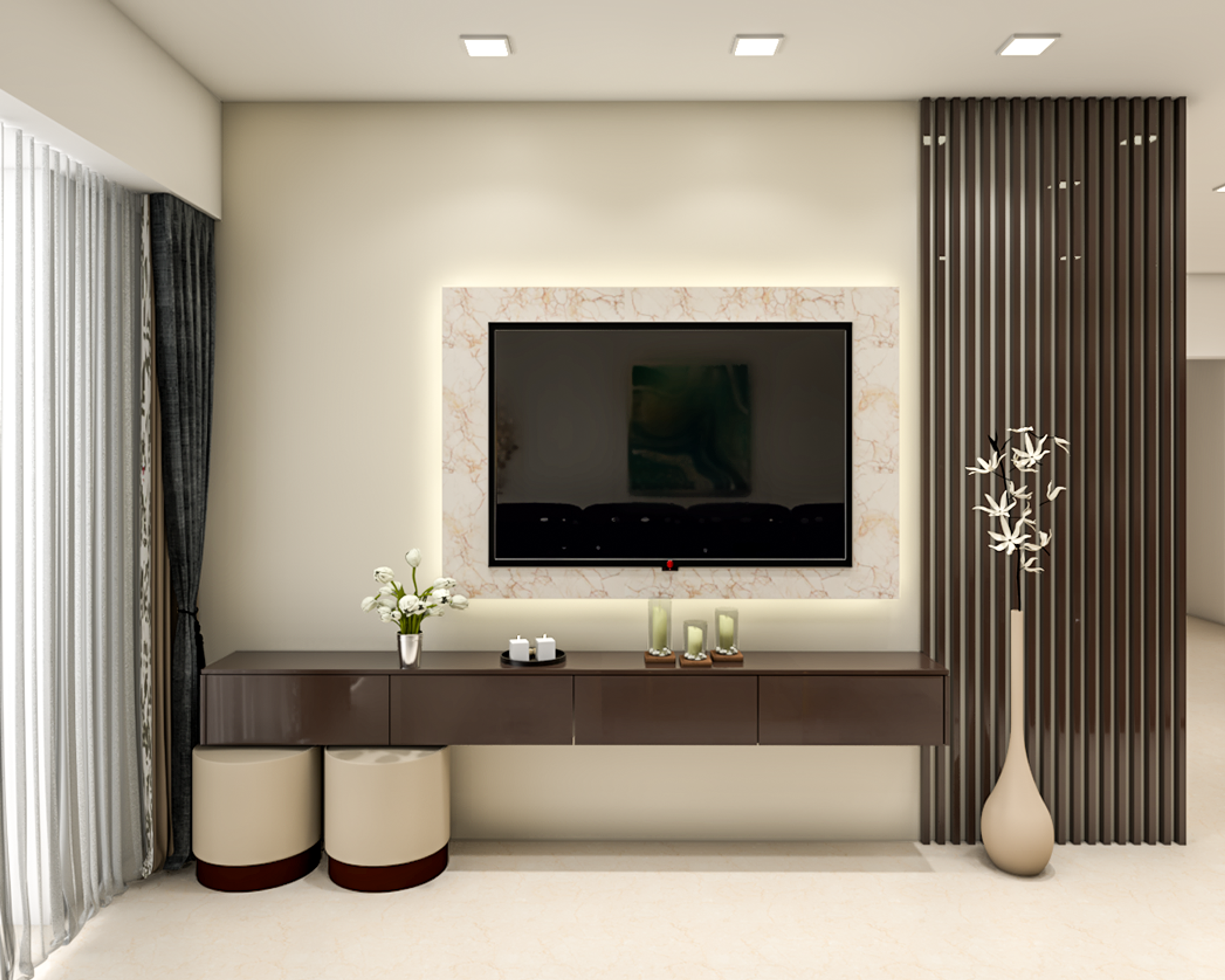 Contemporary TV Unit Design With Marble Splash