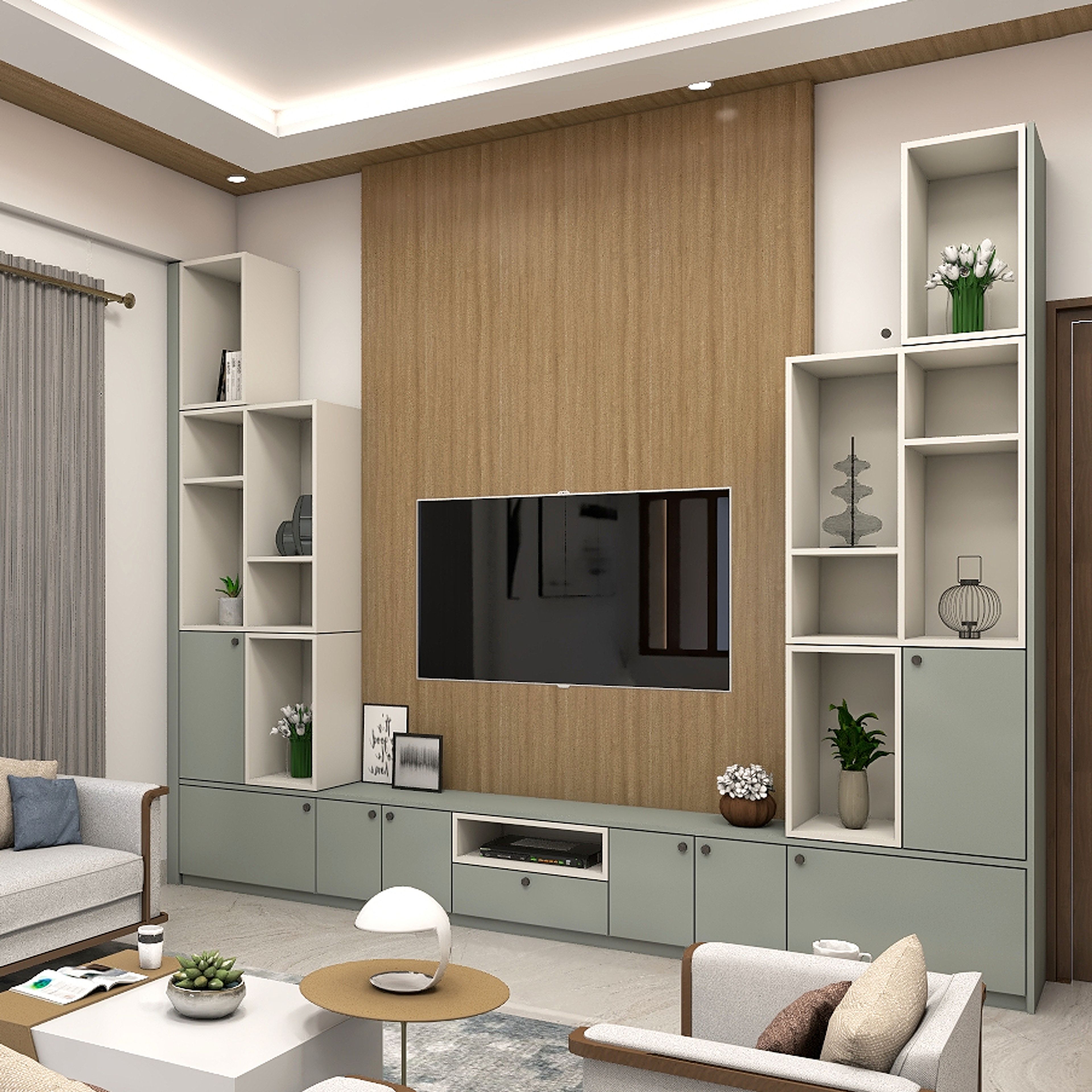 Modern Grey And Green TV Unit With Wooden Storage Units