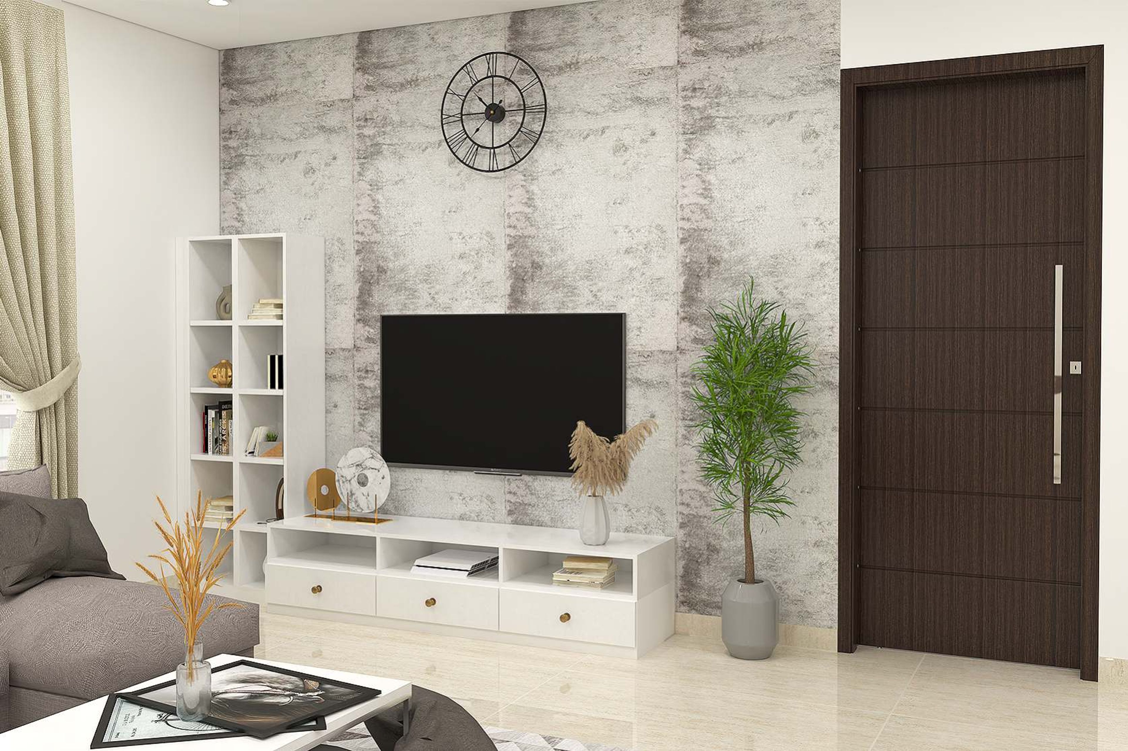 White Modern TV Unit Design With Textured Wallpaper