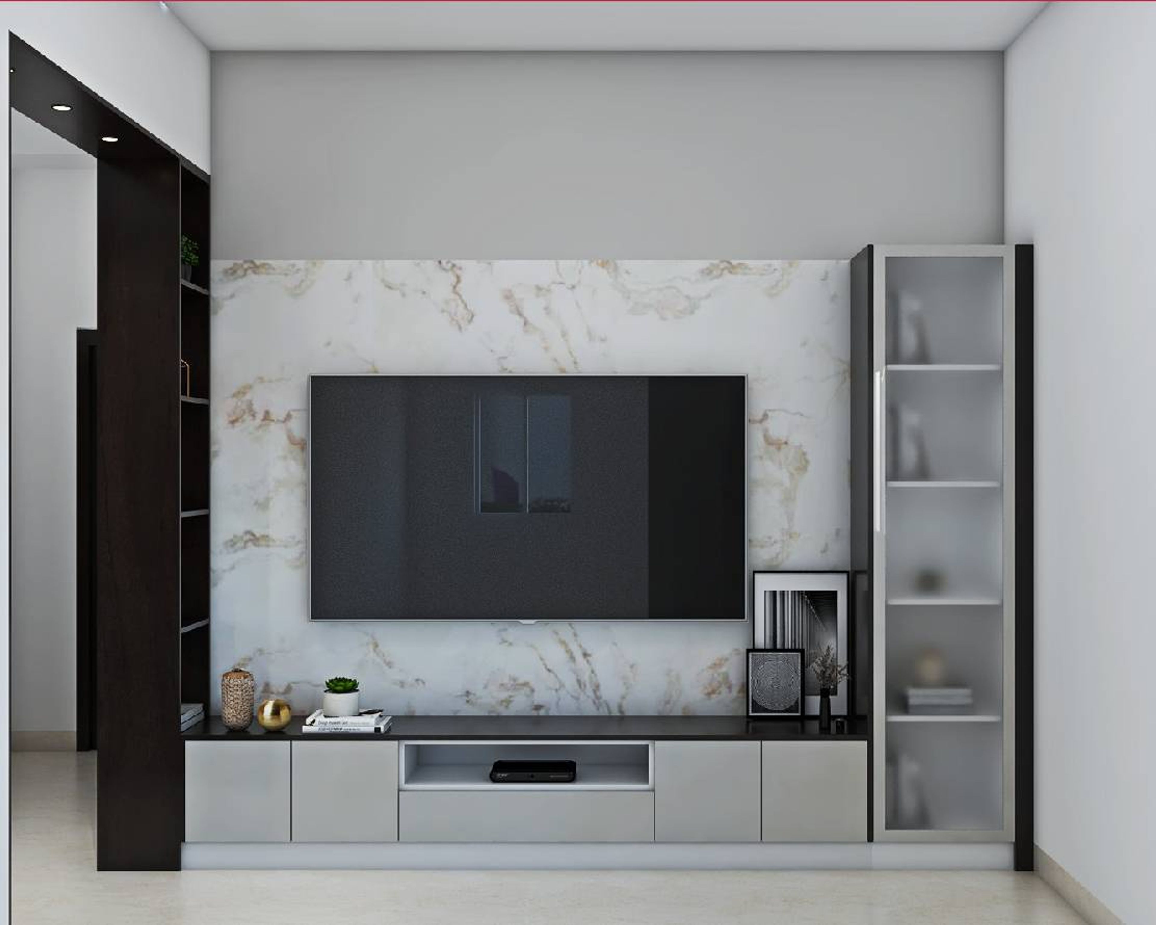 Modern TV Unit Design With White Marble Backsplash
