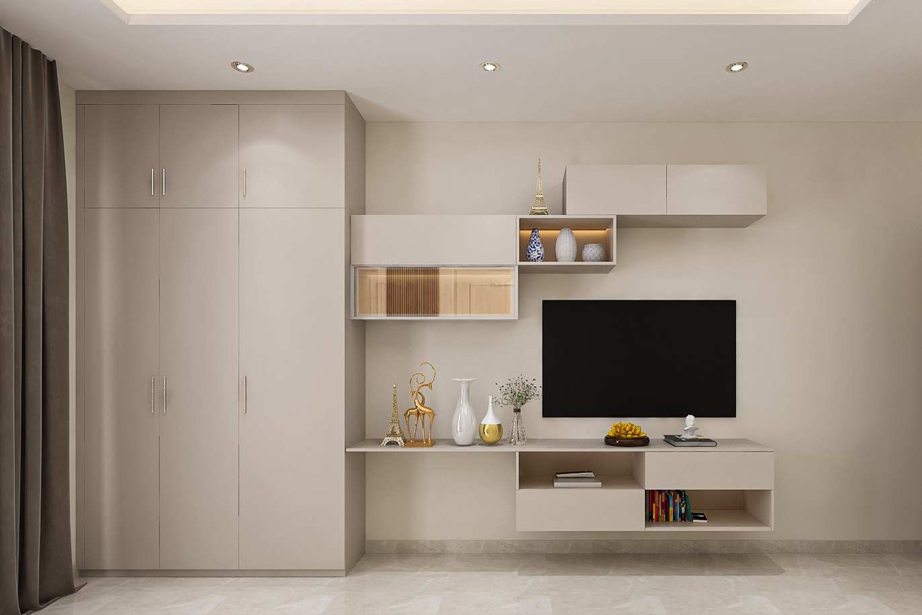 Modern Beige-Toned TV Unit Design With Ample Storage