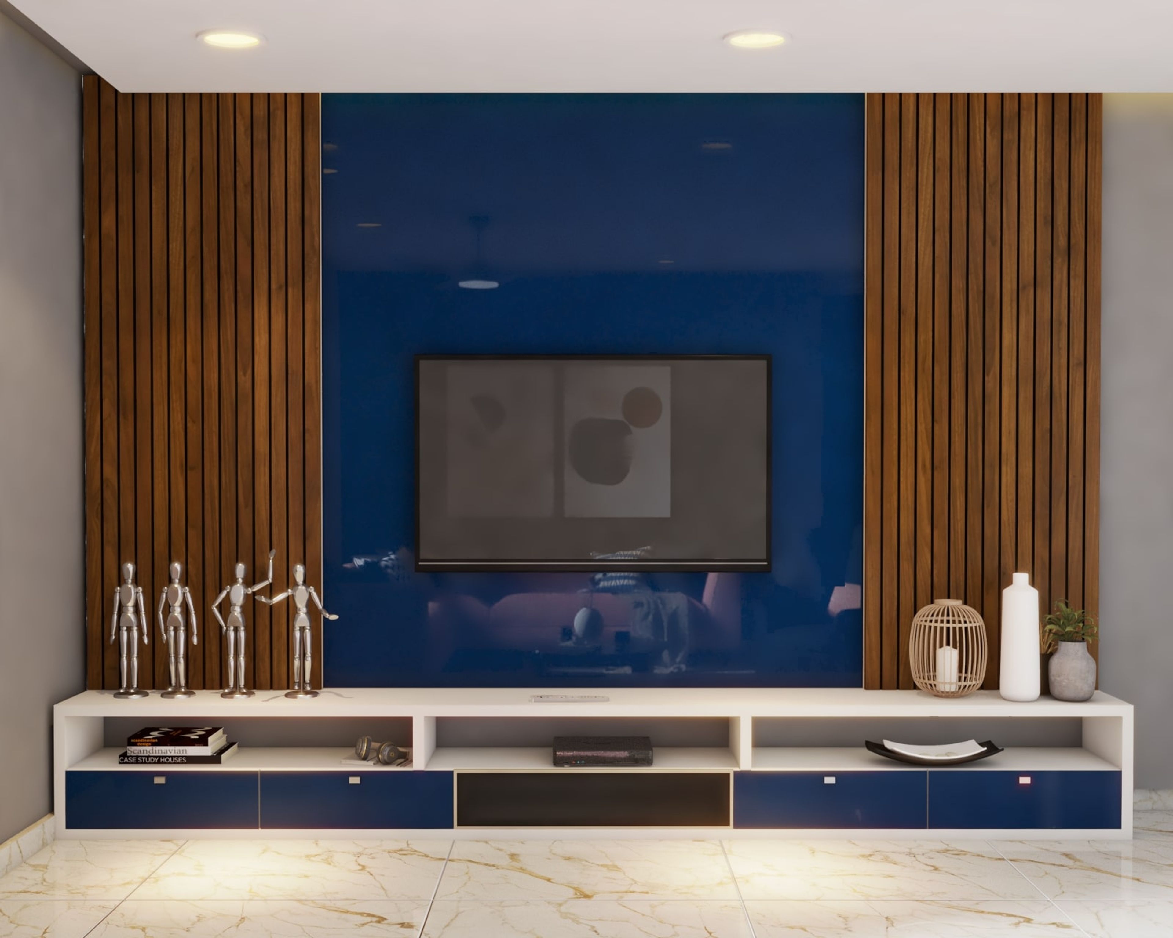 Trendy TV Unit Design With Glossy Blue Backdrop And Wooden Panels