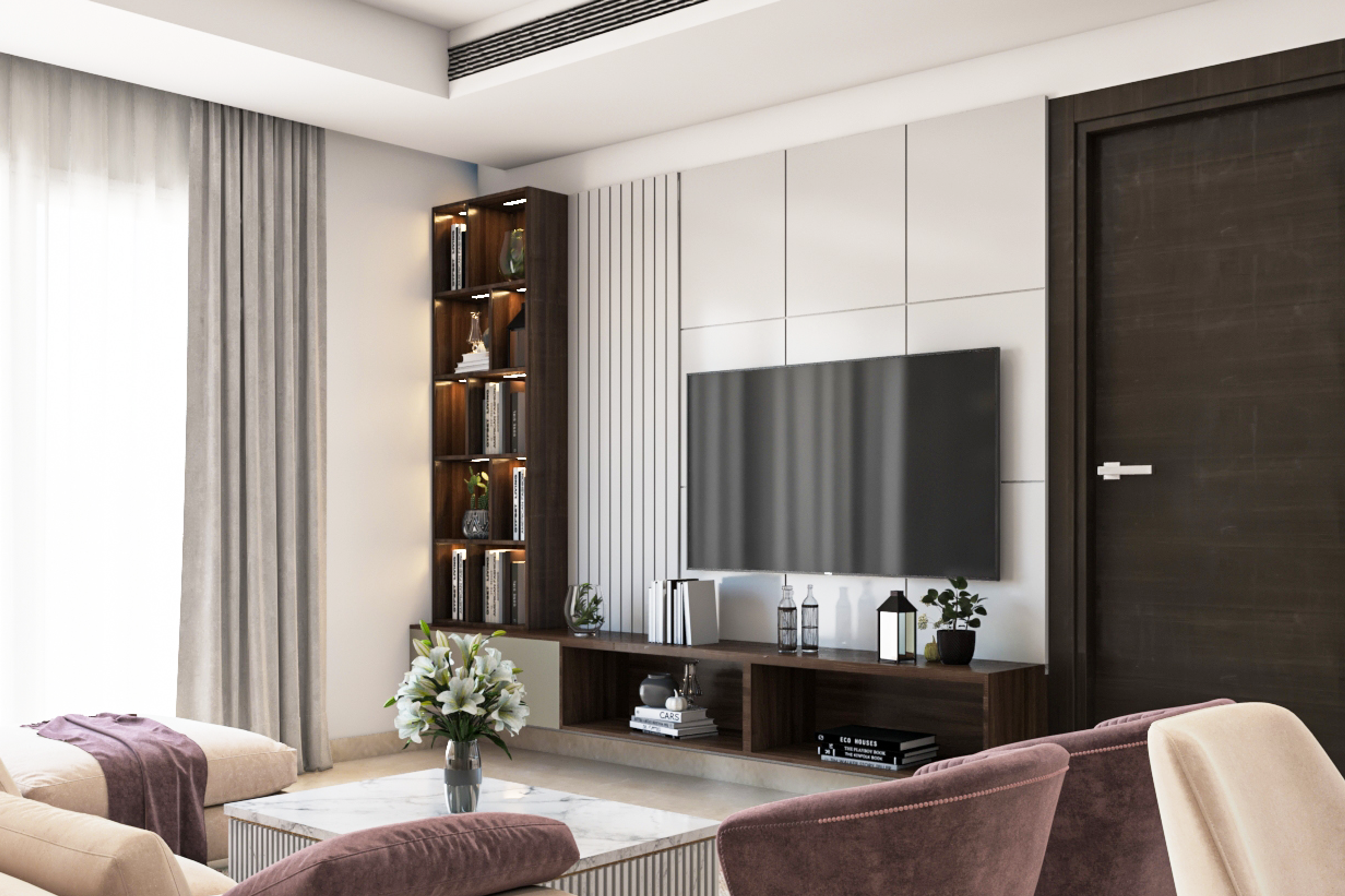 Spacious Wooden TV Unit Design With Open Storage Unit