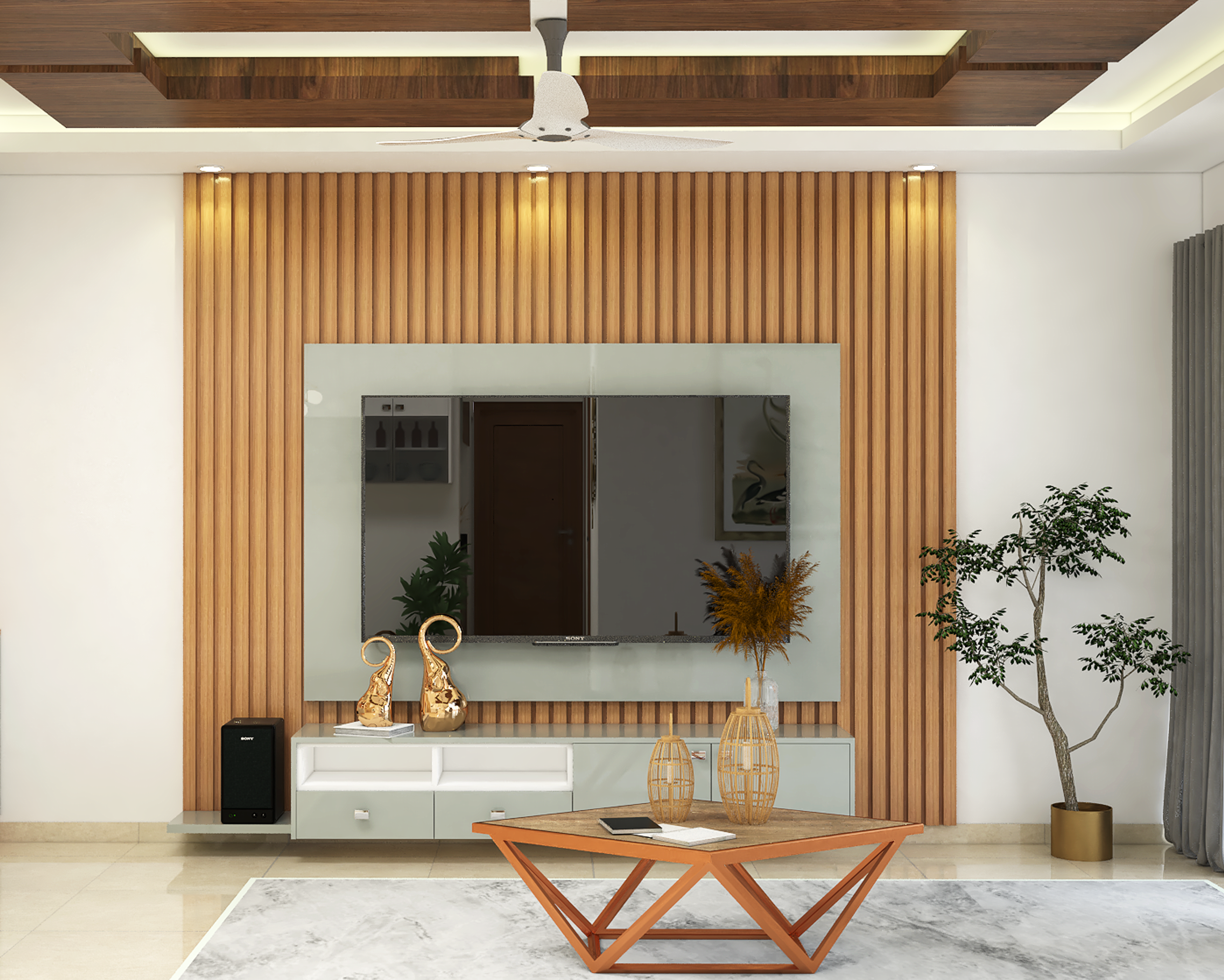 Modern Wall Mounted TV Unit Design With Wooden Panelling