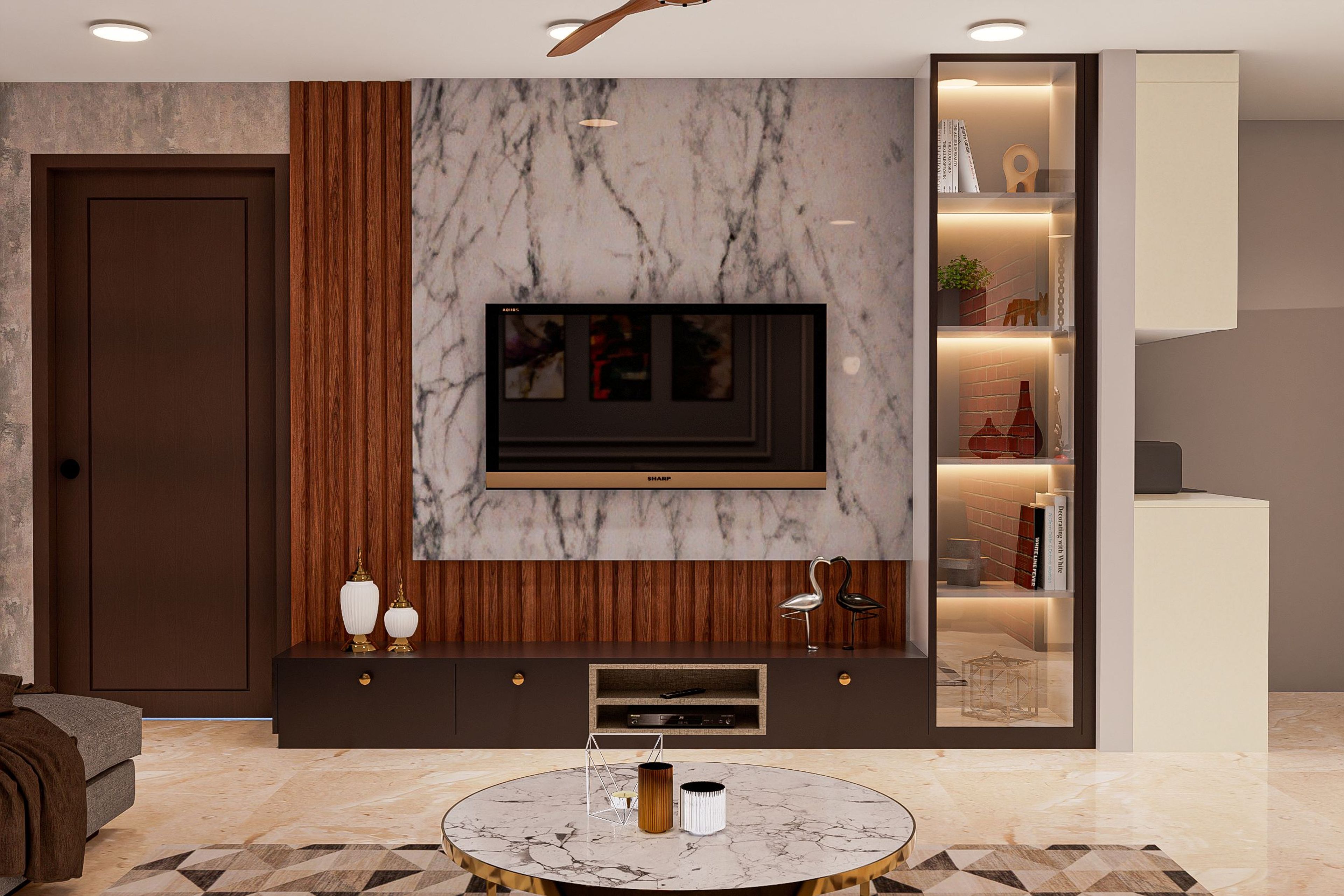 Contemporary TV Unit Design With Brown Console