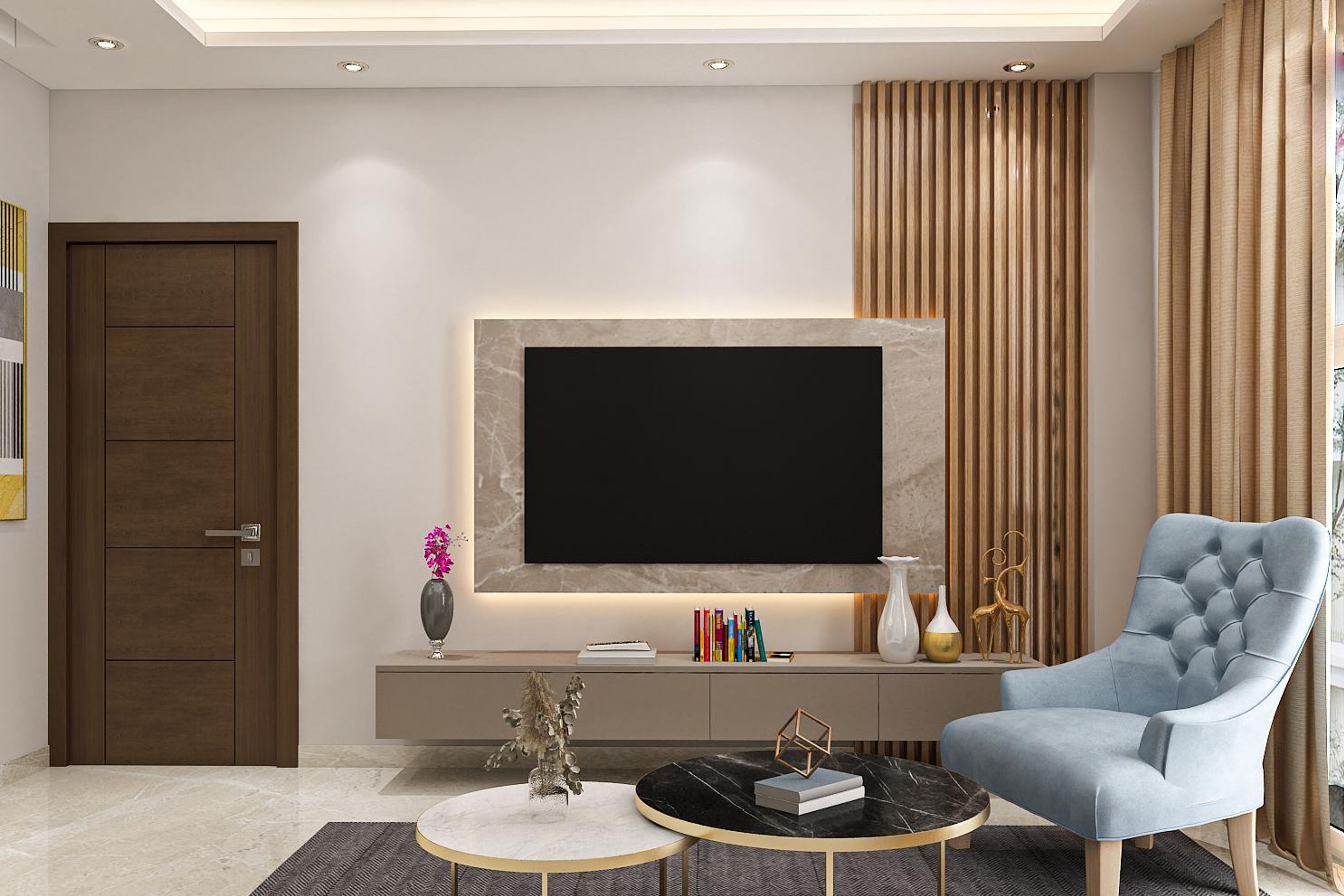 Contemporary TV Unit Design With Beige Cabinet