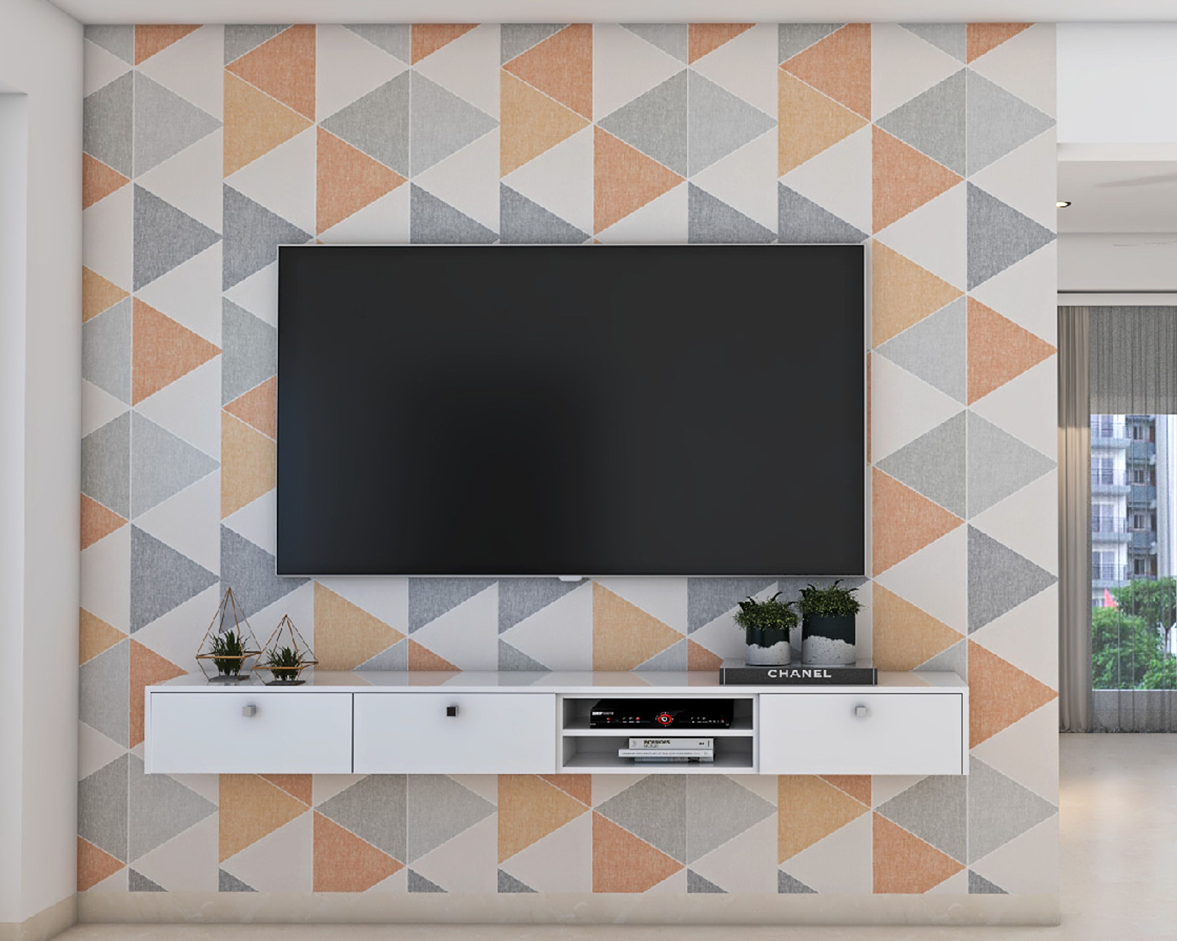 Modern TV Unit Design With Abstract Wallpaper