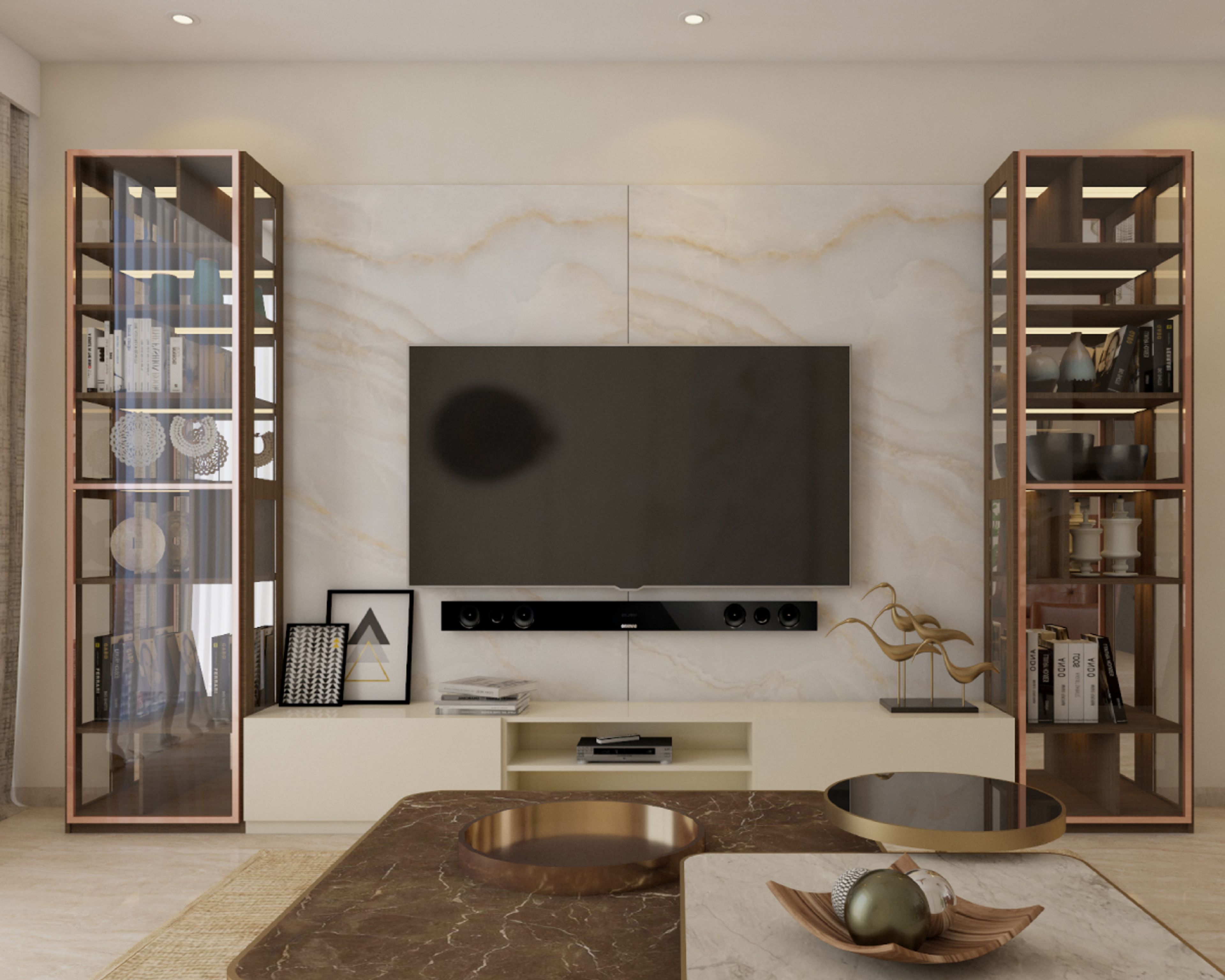 Contemporary Compact TV Unit Design With Marble Finish