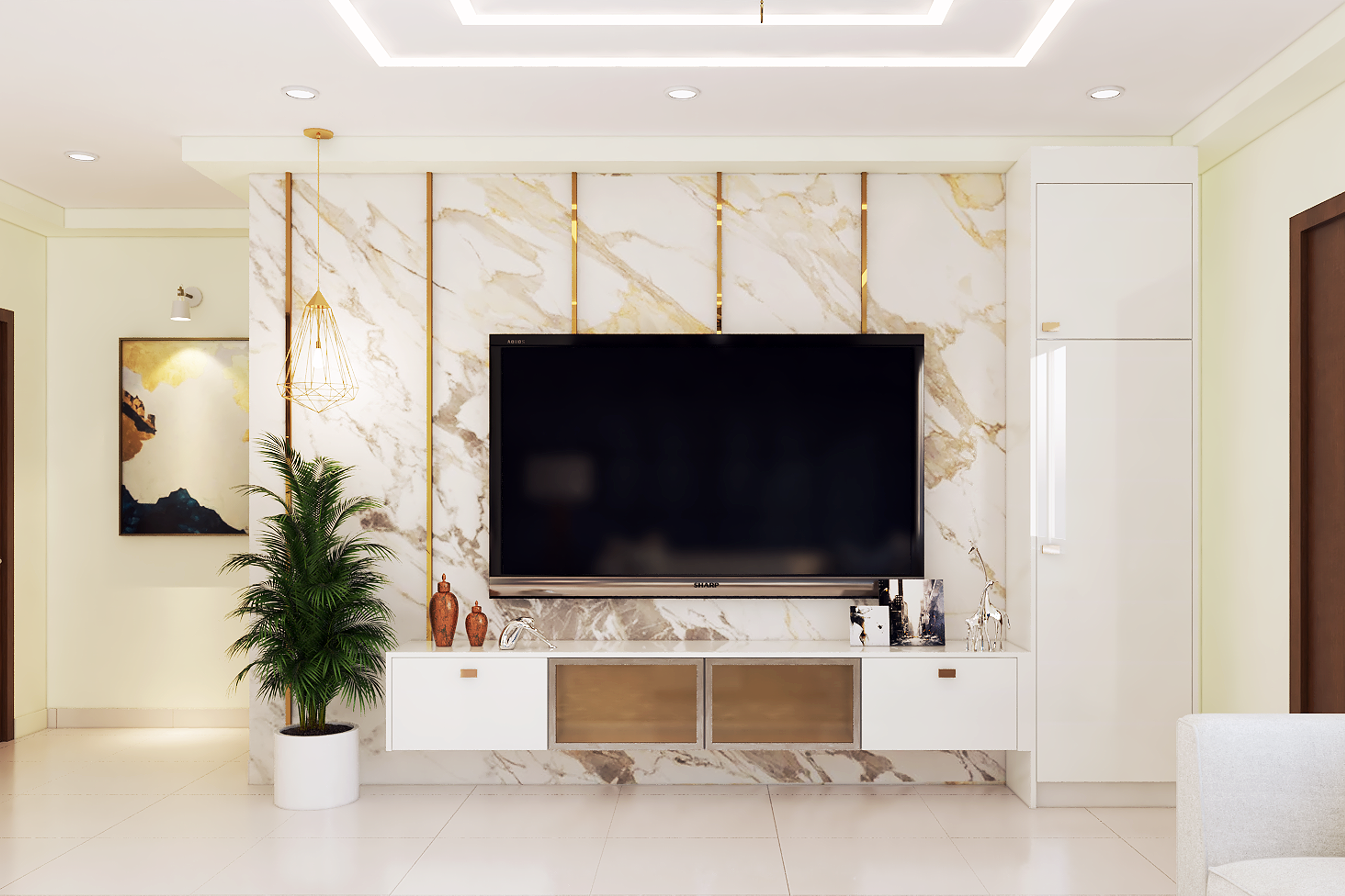 Contemporary TV Unit Design With Marble Panels
