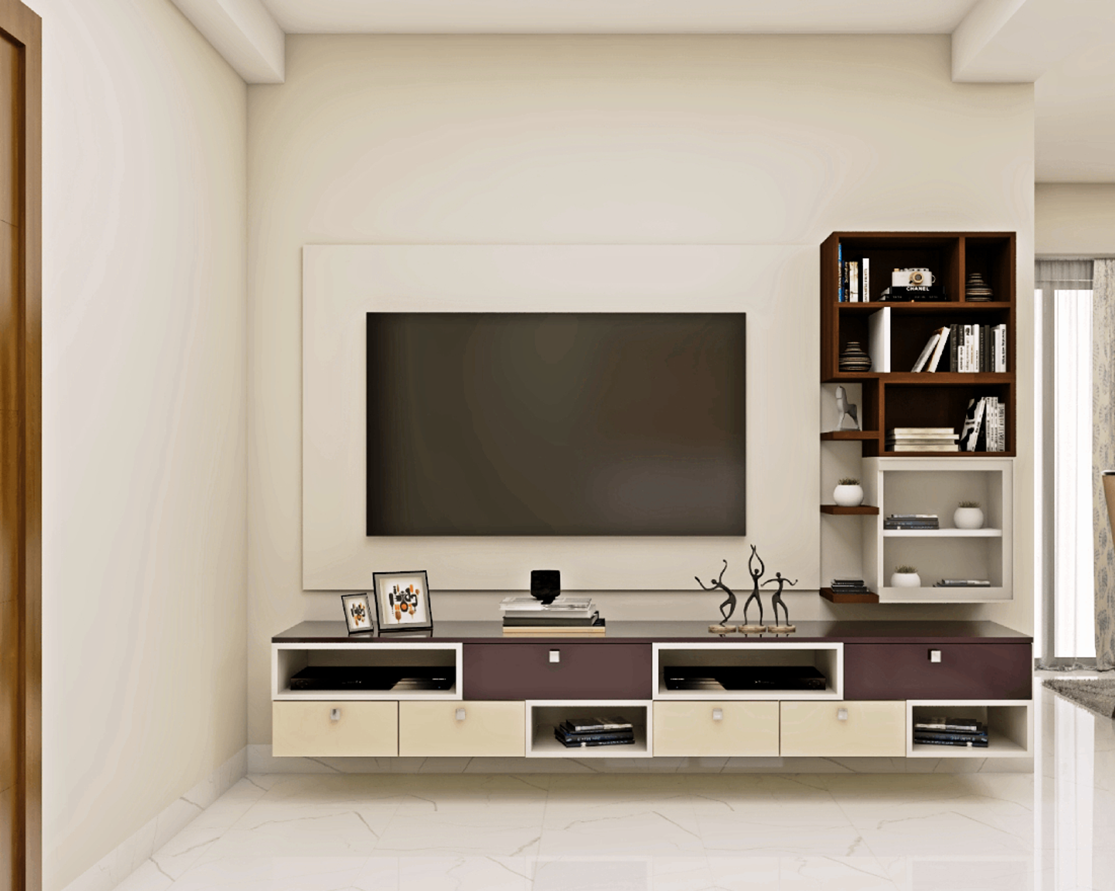 Modern Wall-Mounted TV Unit Design With Open And Closed Storage