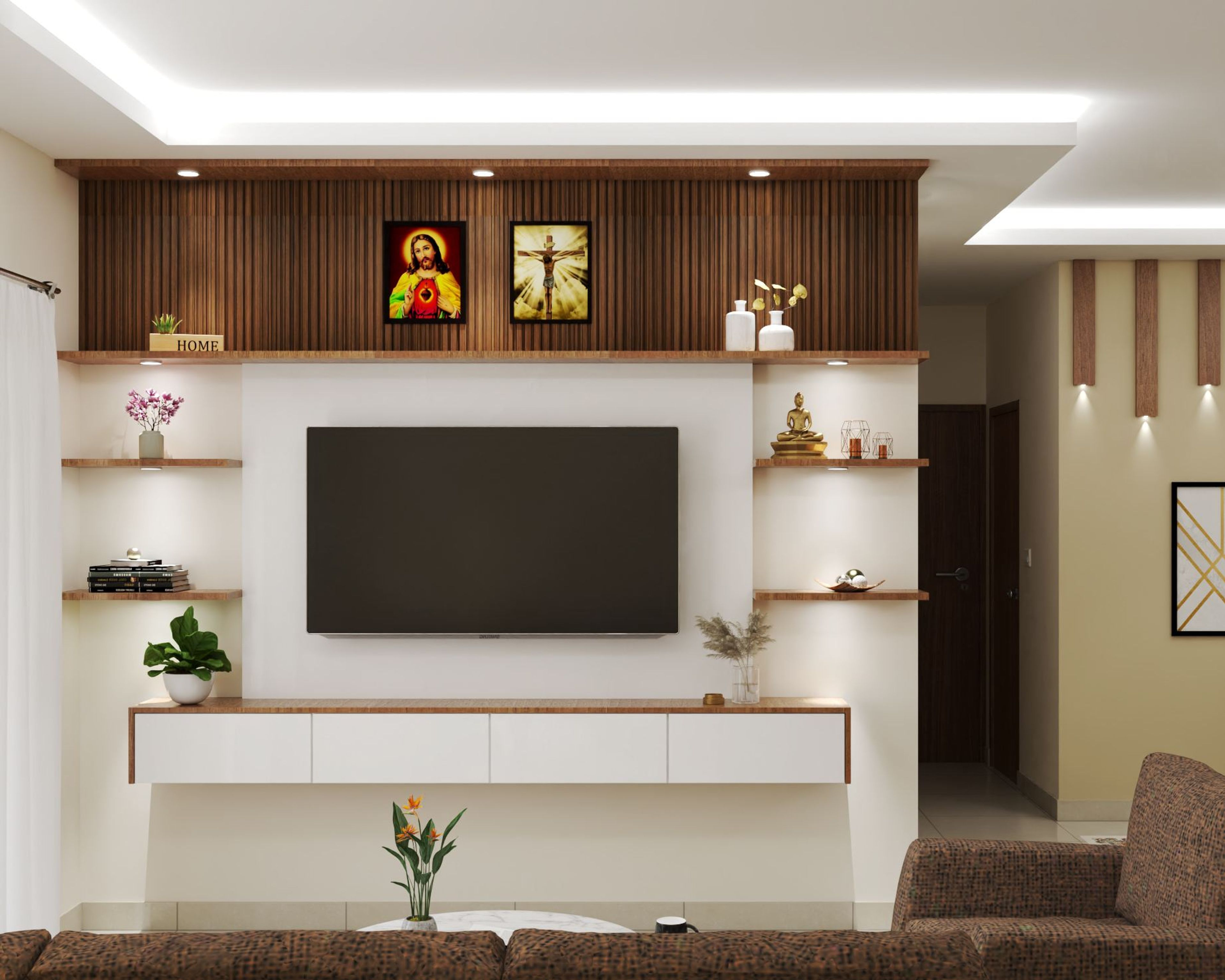 White And Wood Modern TV Unit Design With Wooden Reapers
