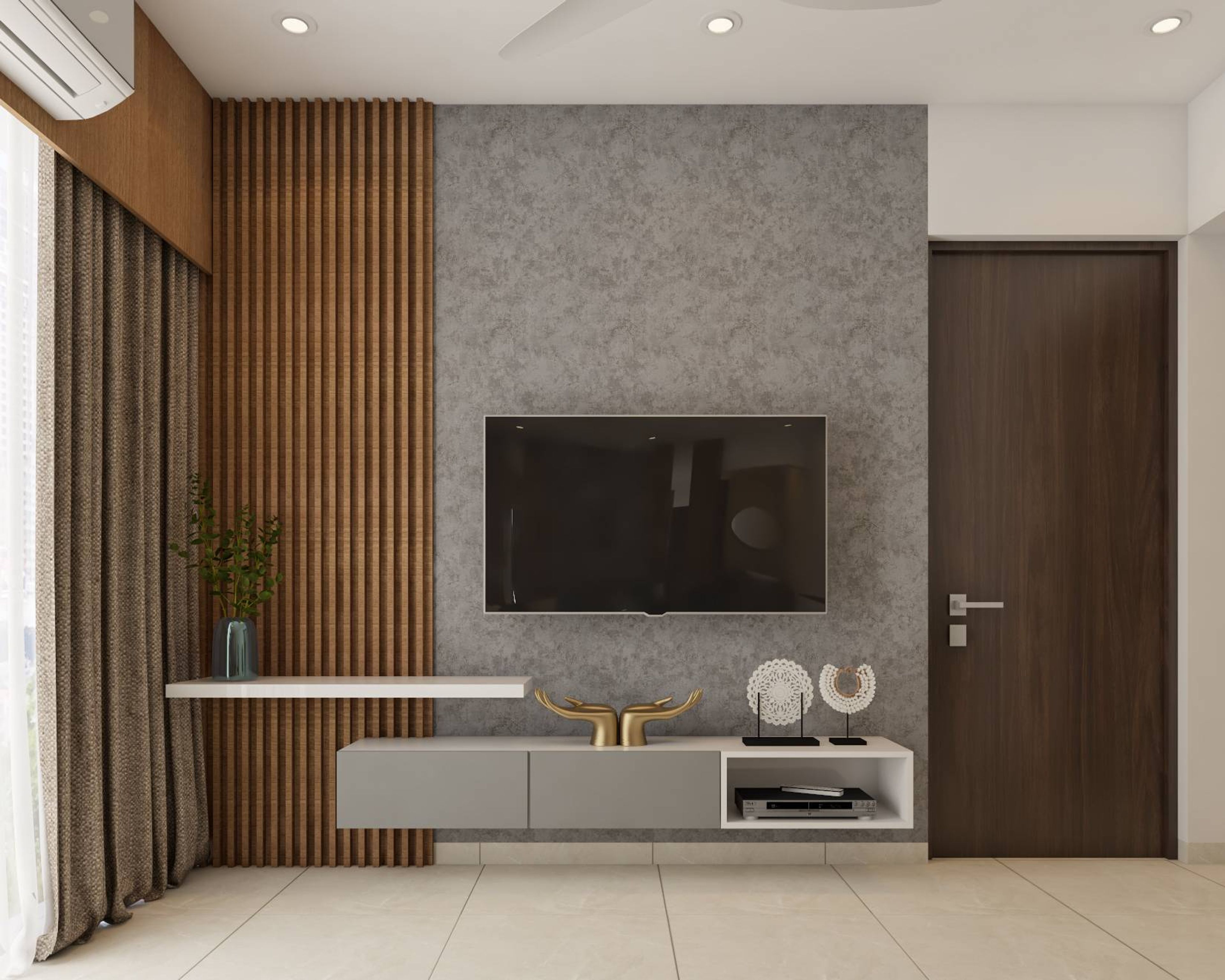 Modern Grey TV Unit Design With Wooden Panels