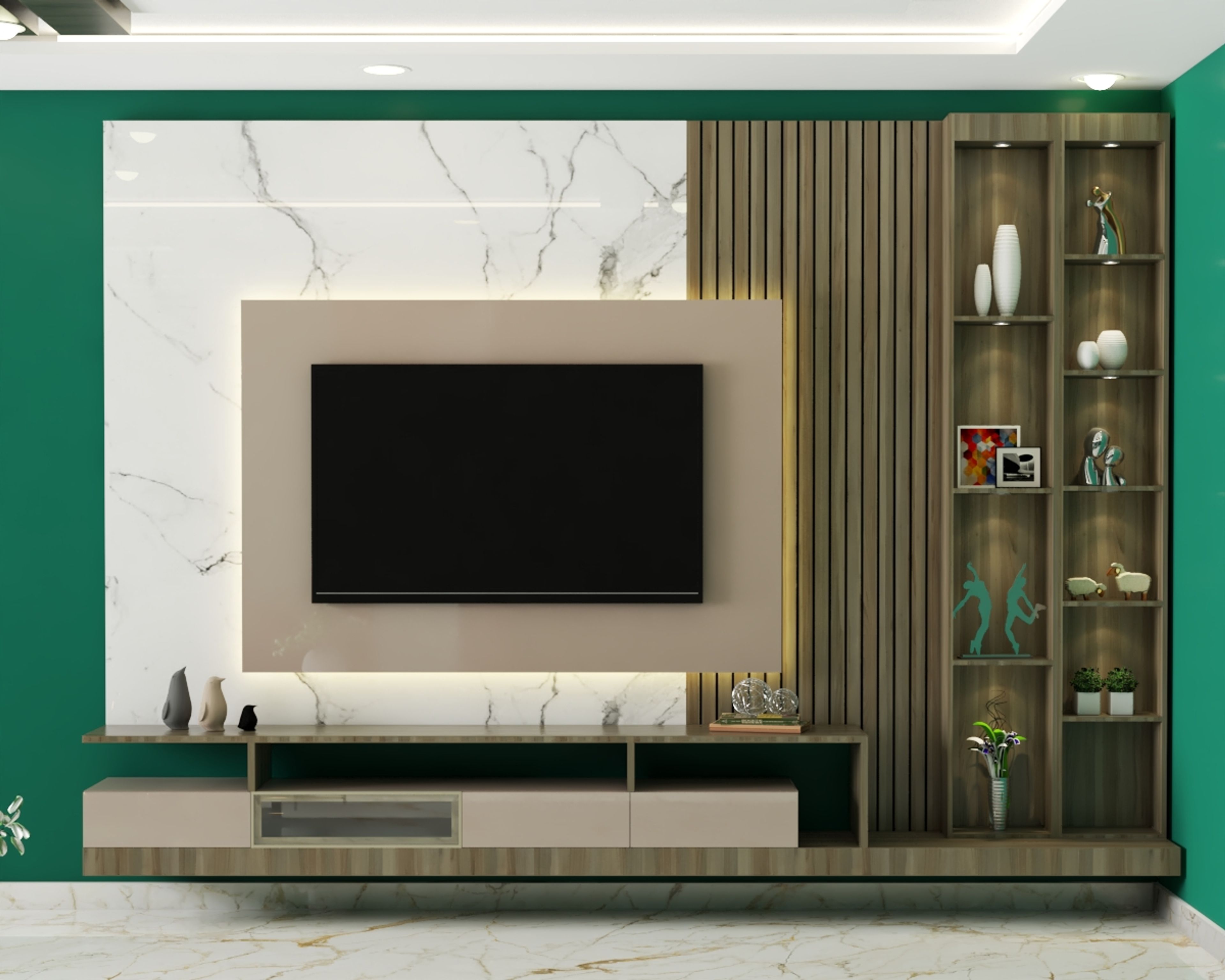 Modern TV Unit Design With Green Wall And White Marble Backdrop