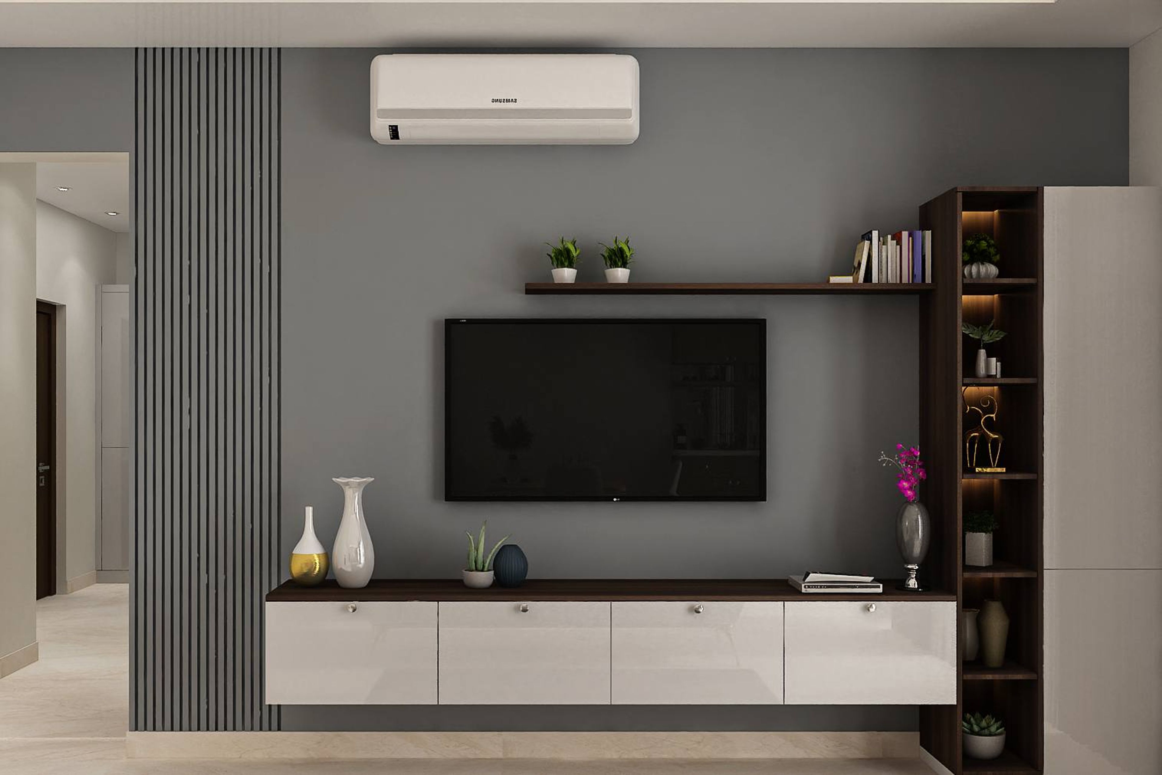 Grey And White Modern TV Unit Design With Storage Shelf