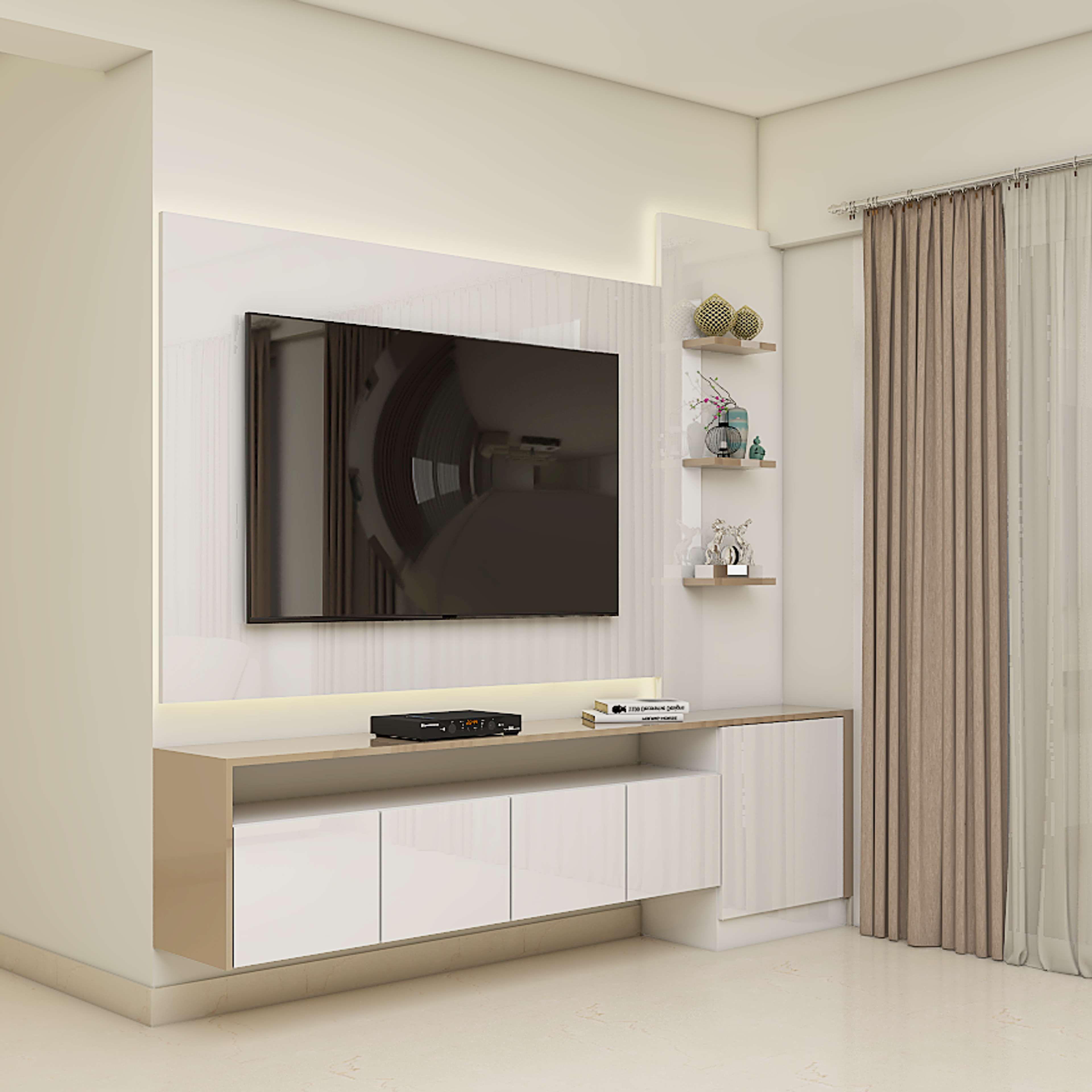 Modern Beige-Toned TV Unit Design With Storage Space