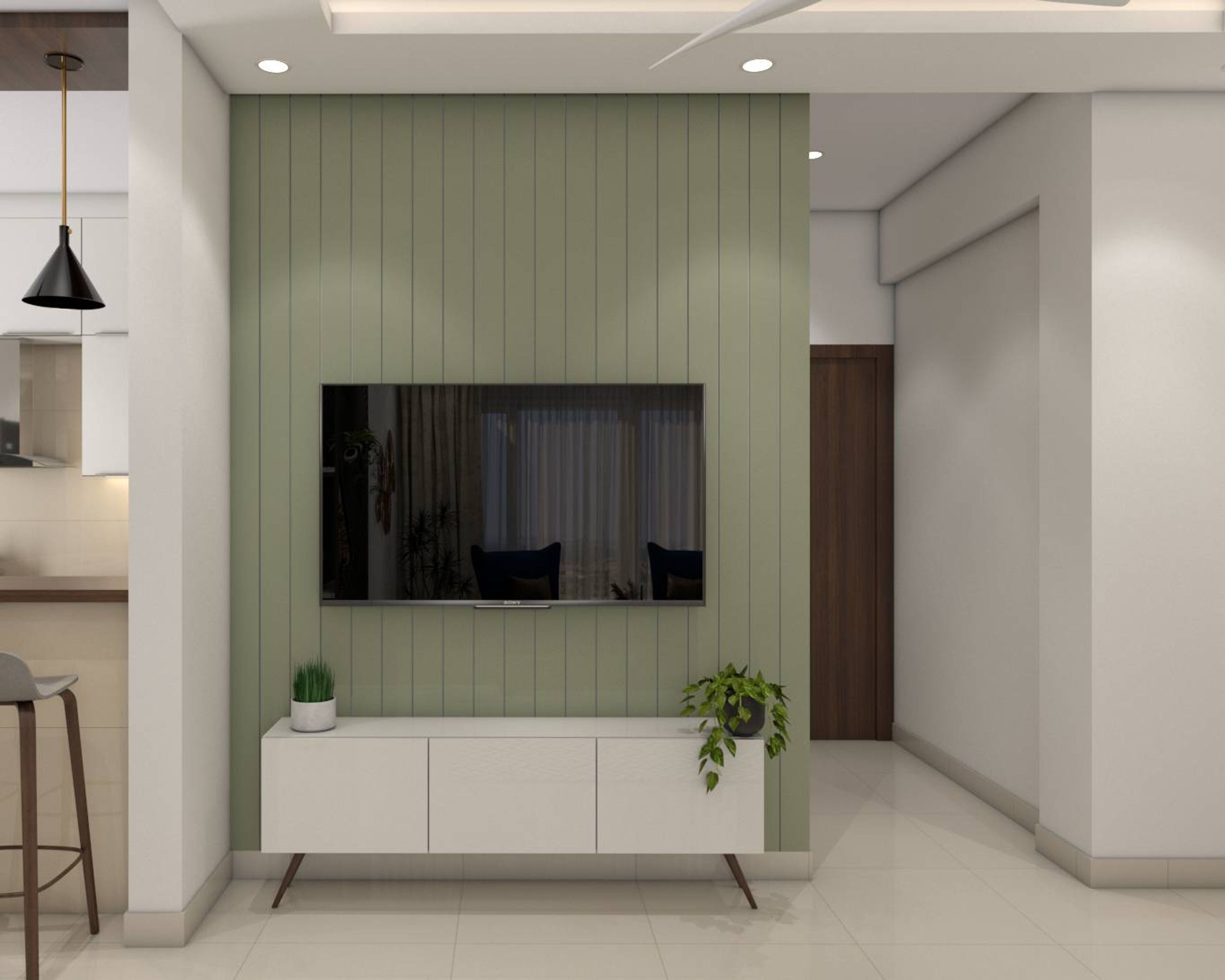 Contemporary TV Unit Design With Sage Green Panel