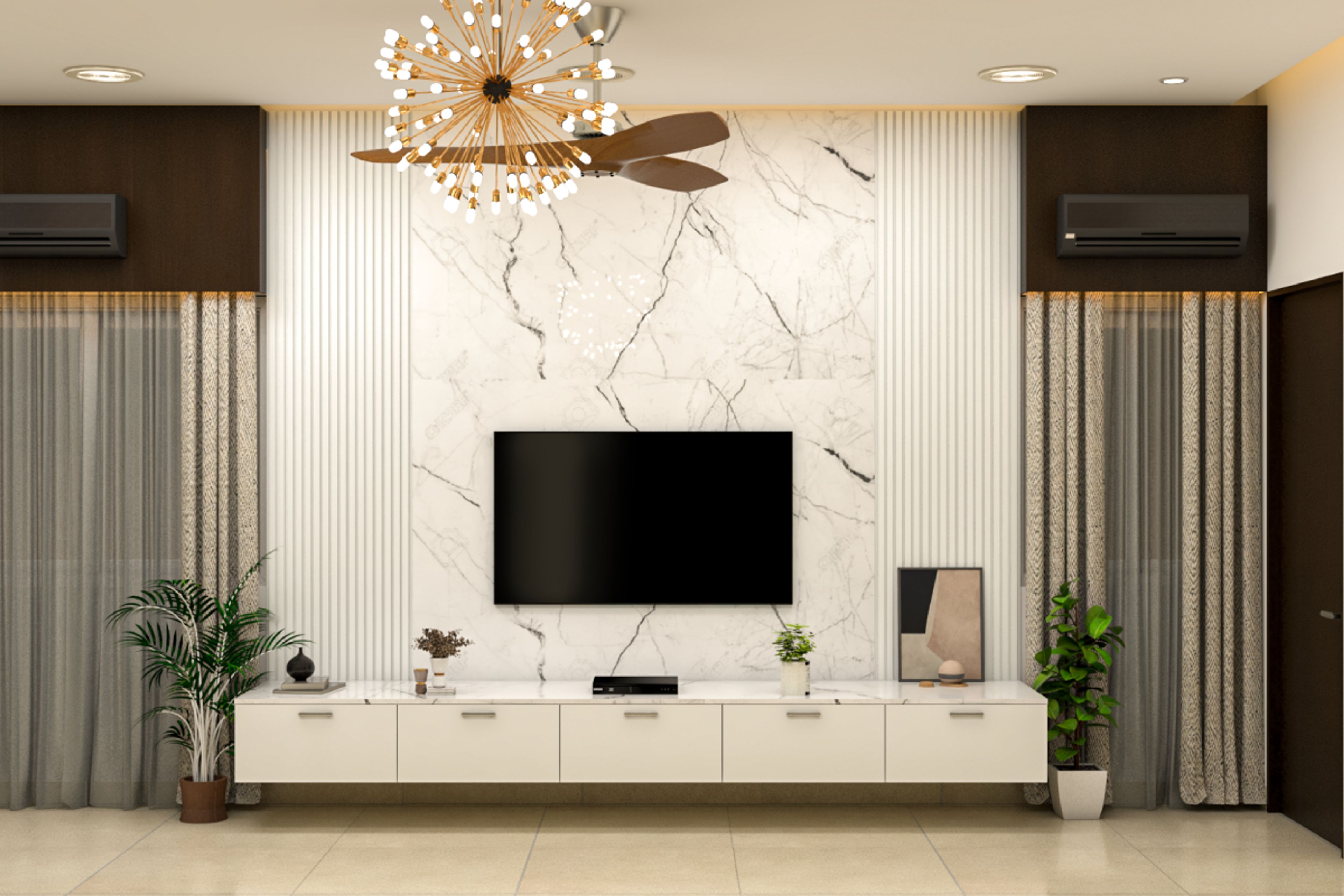 Modern TV Unit Design With White Marble Backdrop