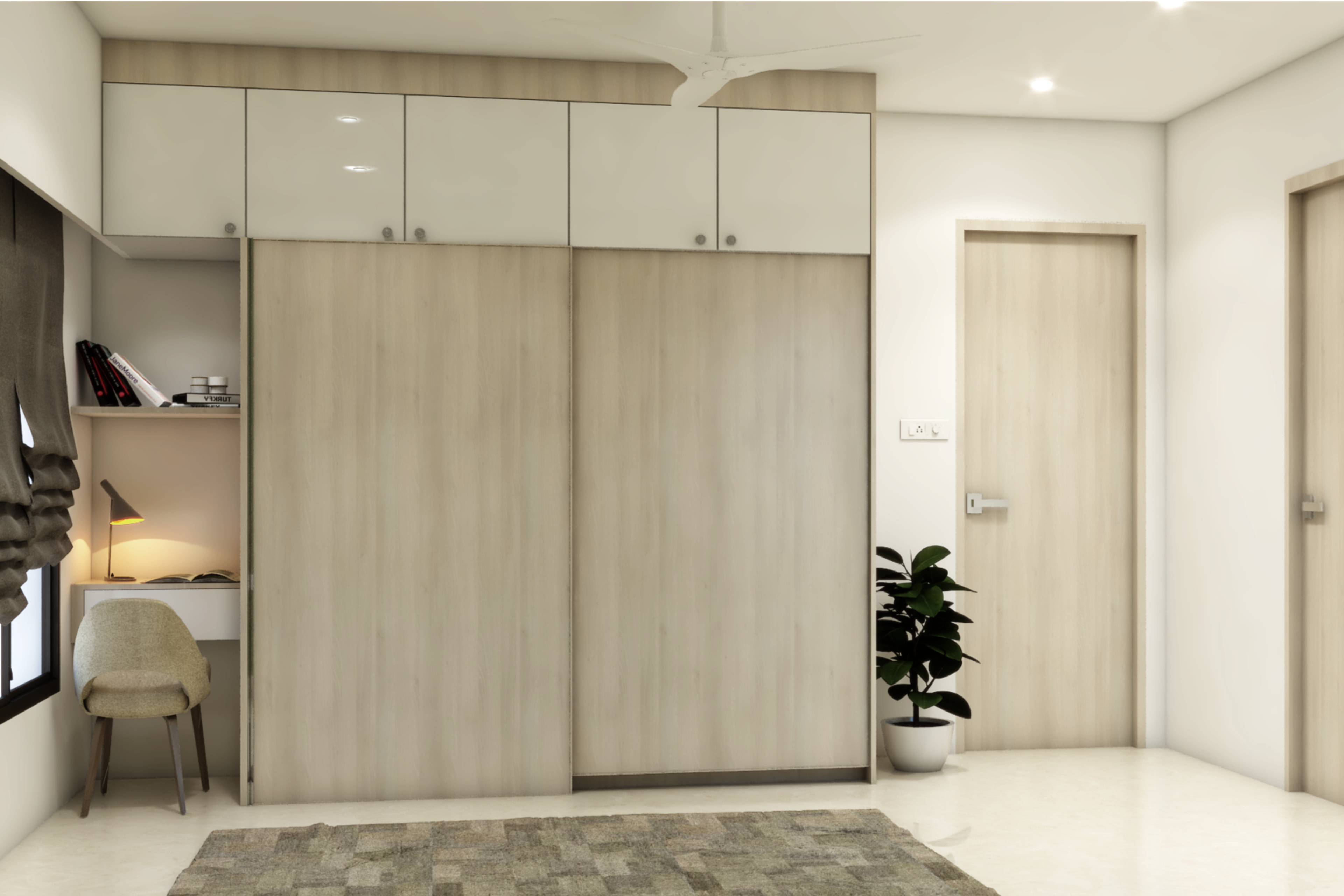 Modern Spacious Wardrobe Design With Wooden Grain Laminates