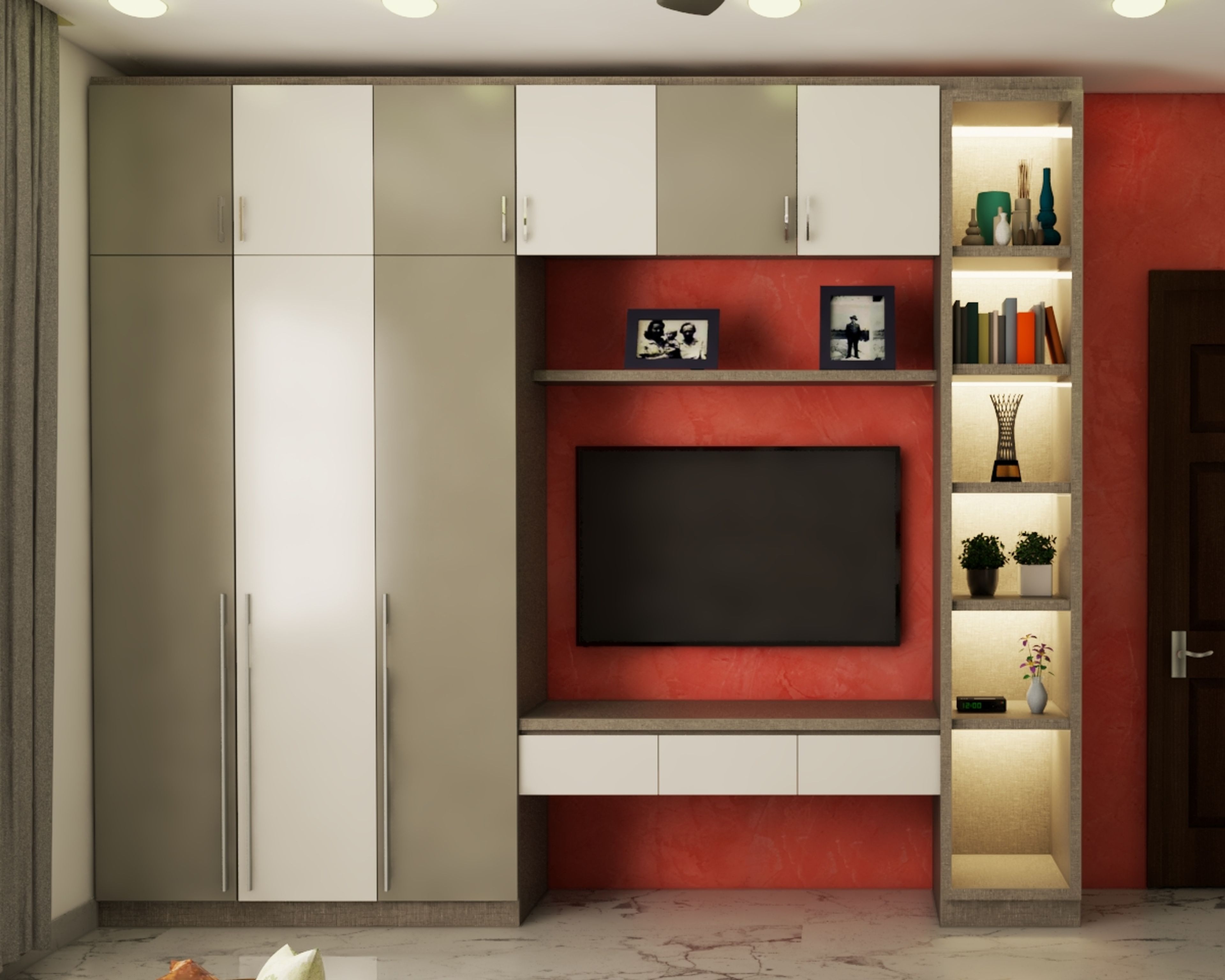 Modern Wardrobe Design With Red Textured Wall Paint And Integrated TV Unit