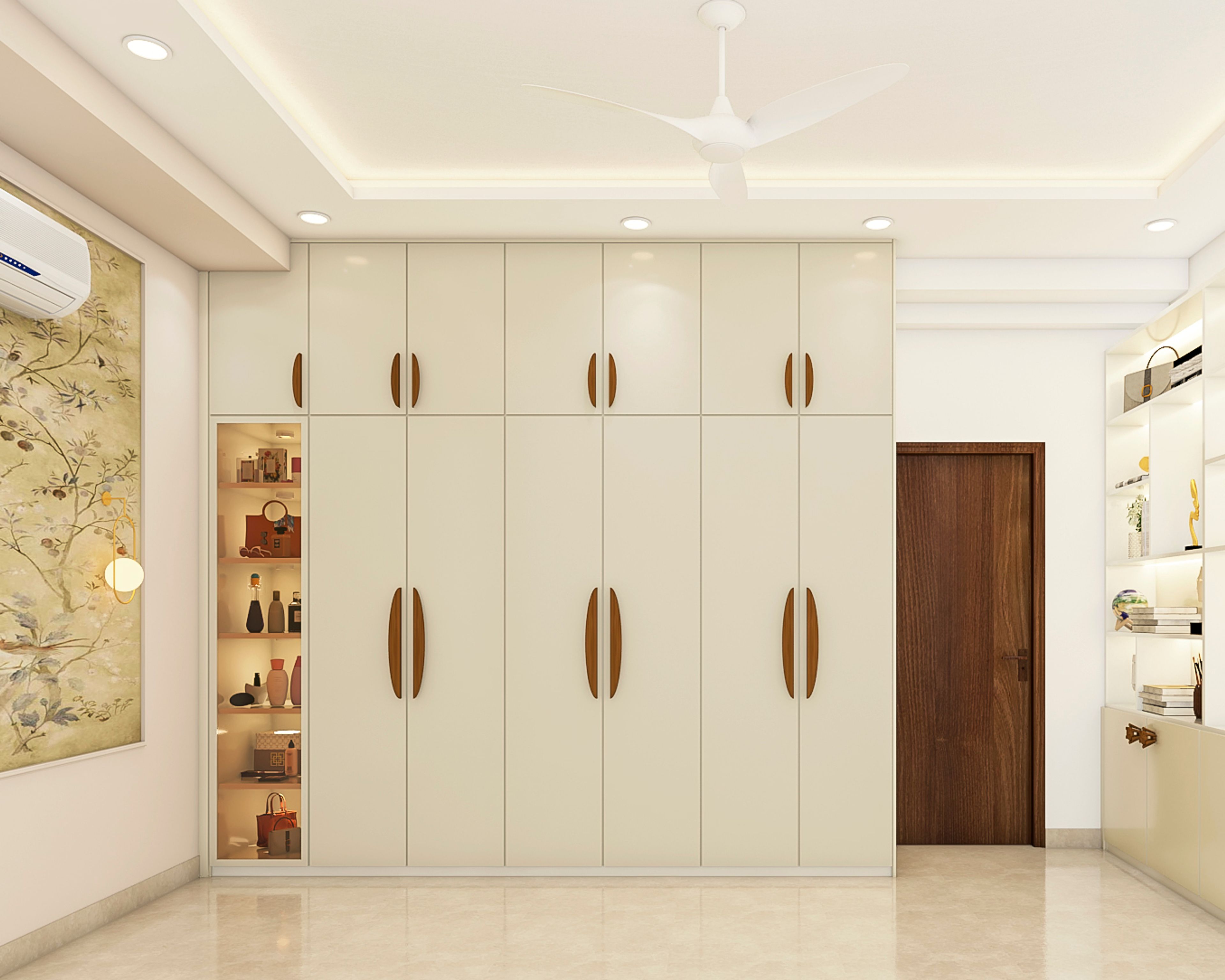 Modern Cream Toned Wardrobe Design With Lofts