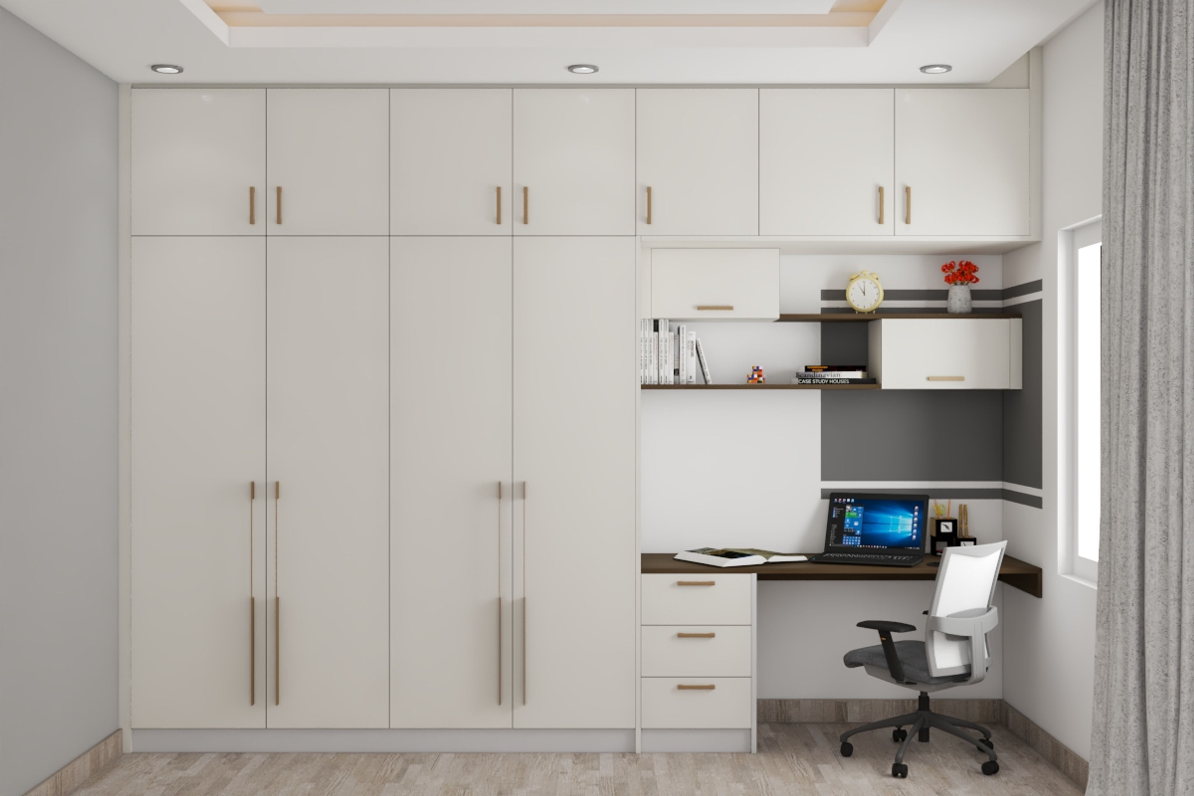 White Finish Modern Wardrobe Design With Study Table