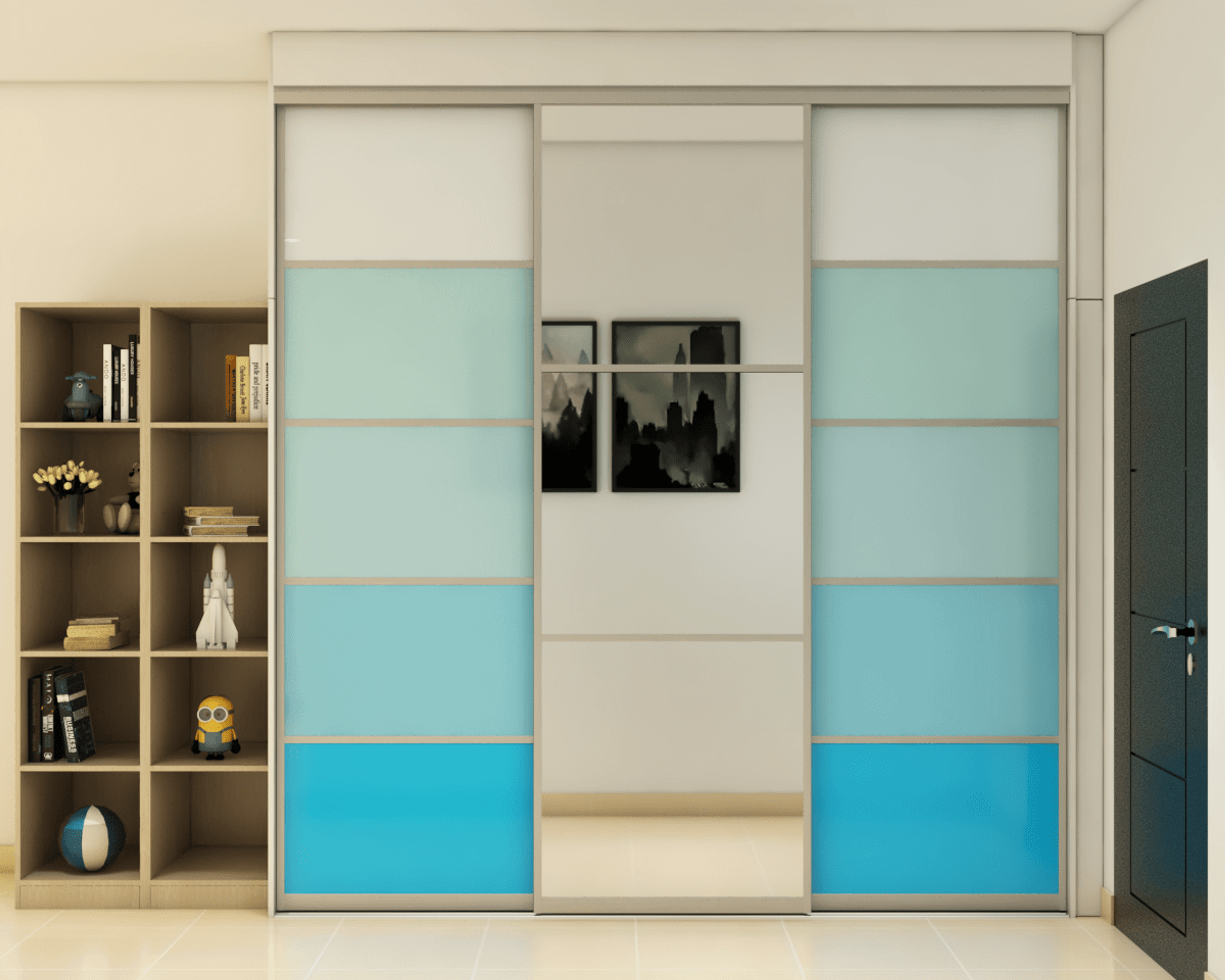 Modern Monochromatic Blue Wardrobe Design With Sliding Door