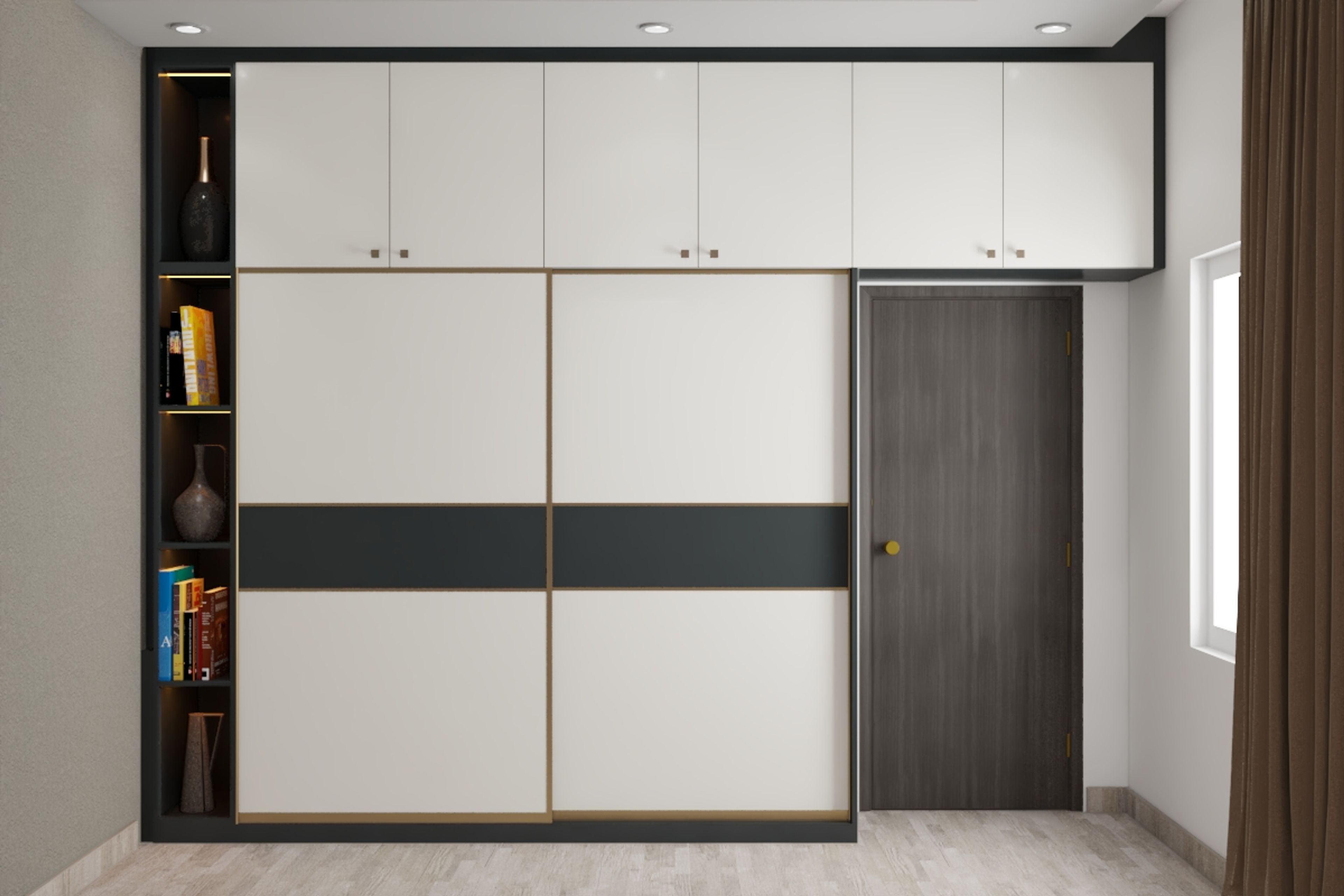 Modern White Sliding Wardrobe Design With Open Racks