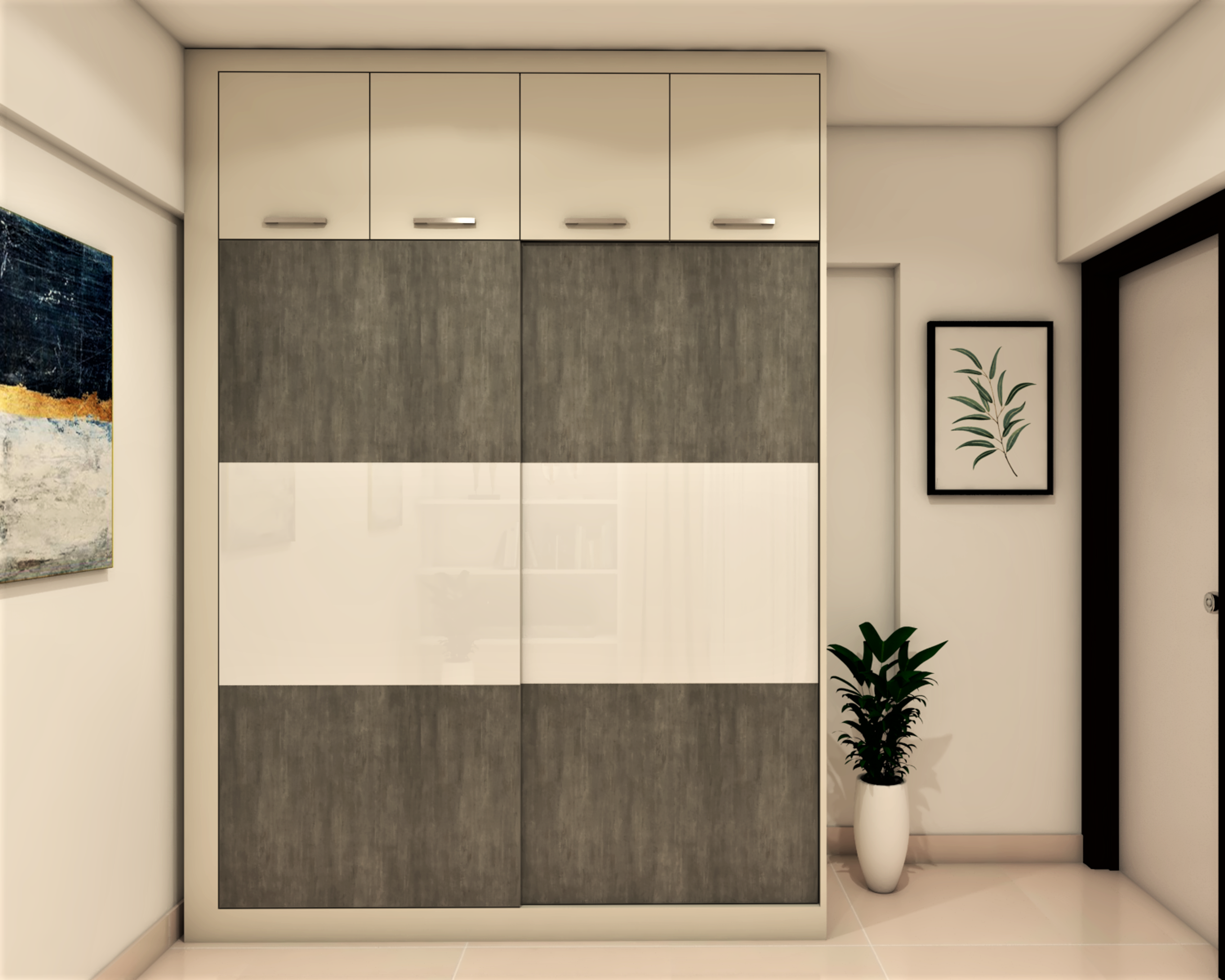 Spacious Grey And White Wardrobe Design With Additional Lofts