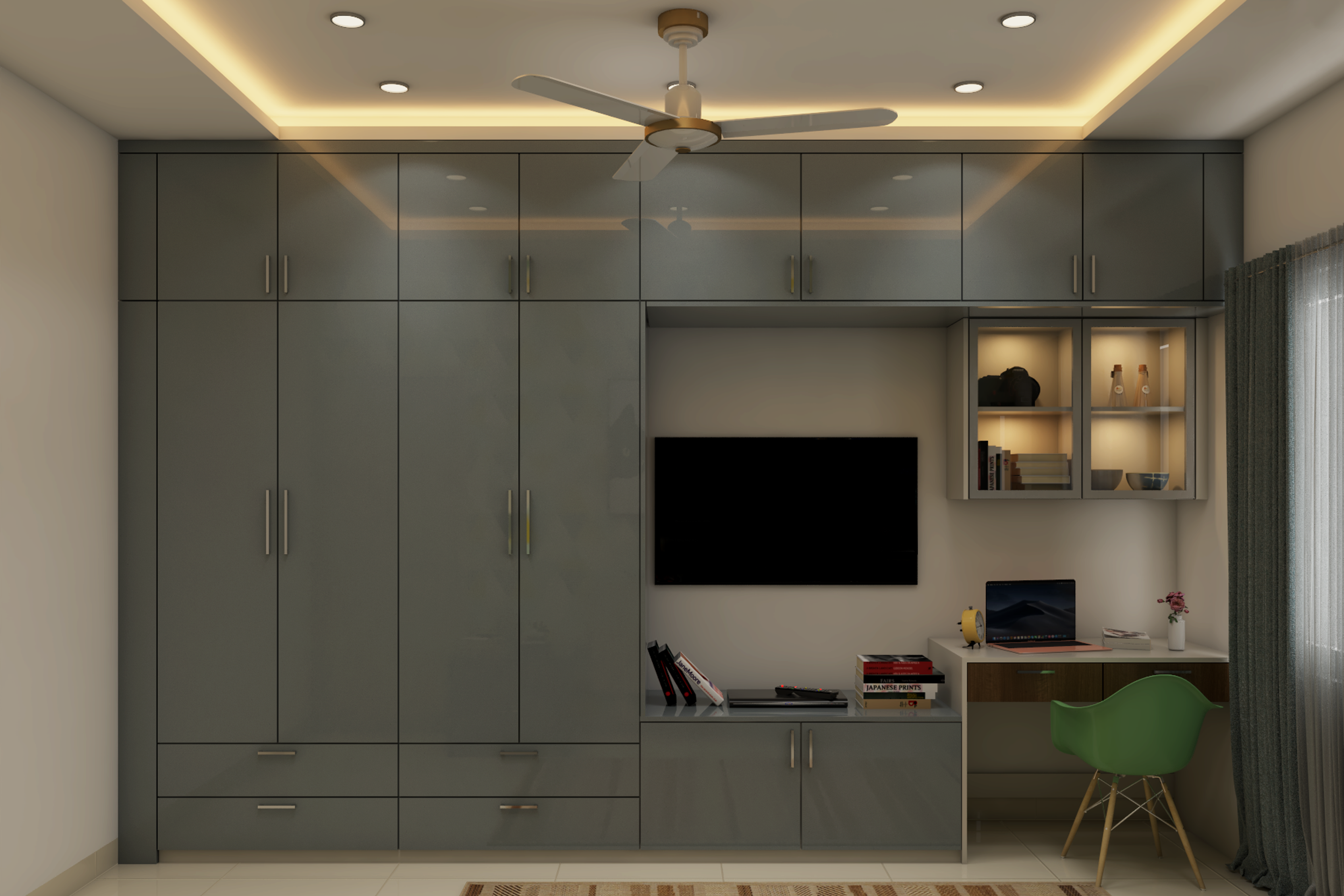 Modern Grey Wardrobe Design With TV Unit