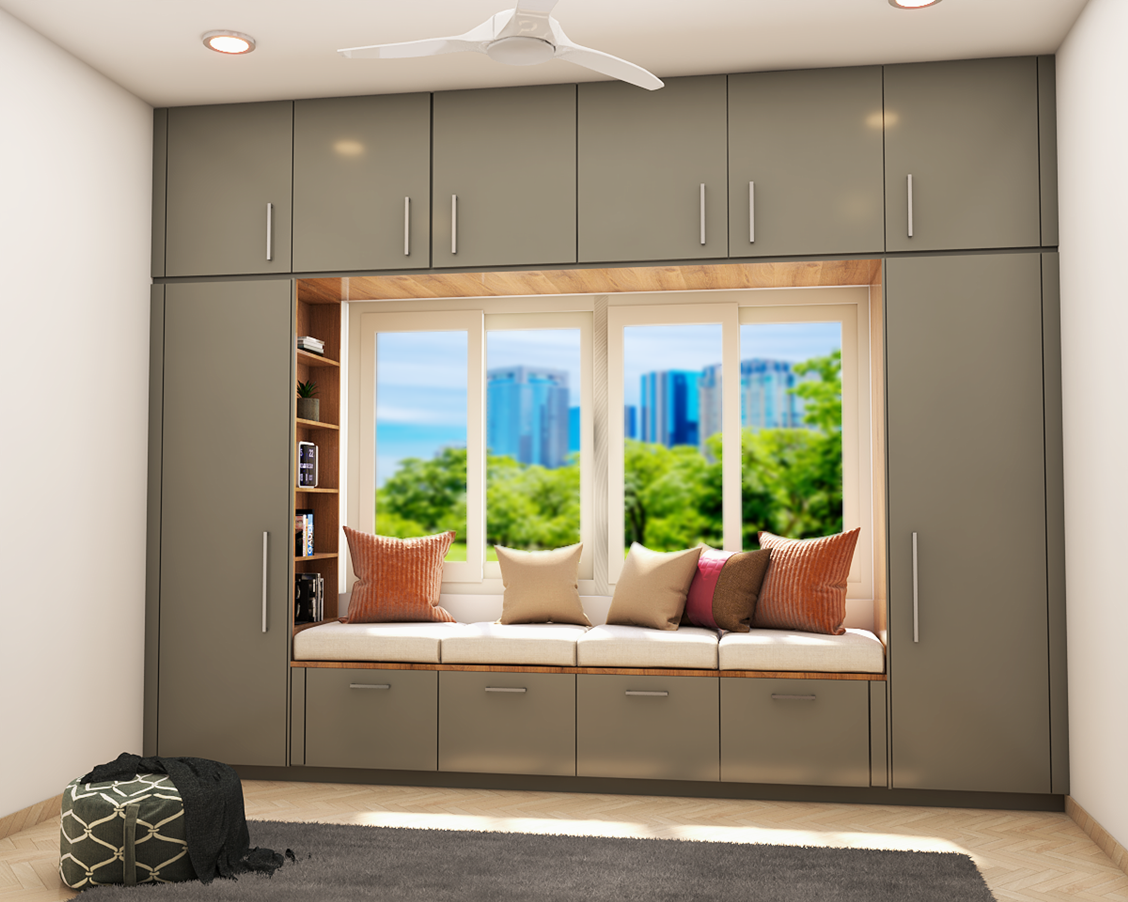 Modern Grey Wardrobe Design With Storage Seater