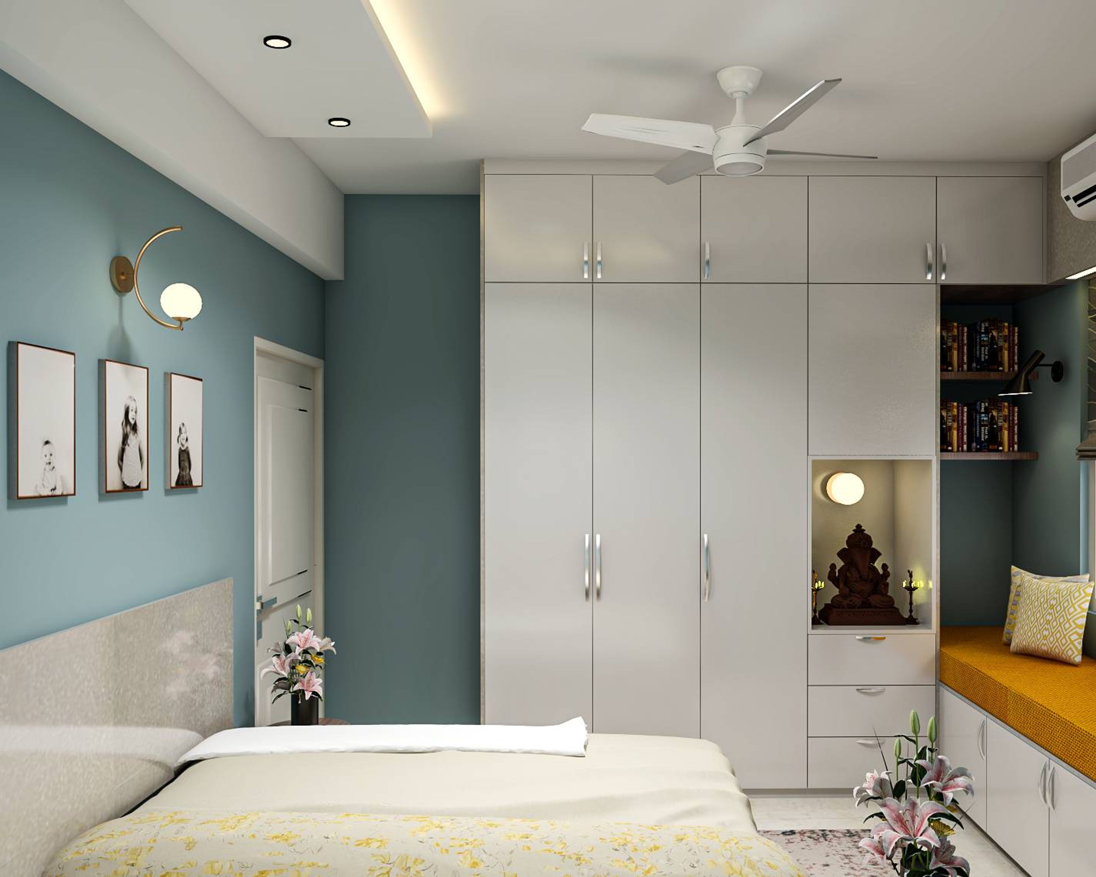 Modern White Wardrobe Design With Mustard Yellow Cushioned Seating