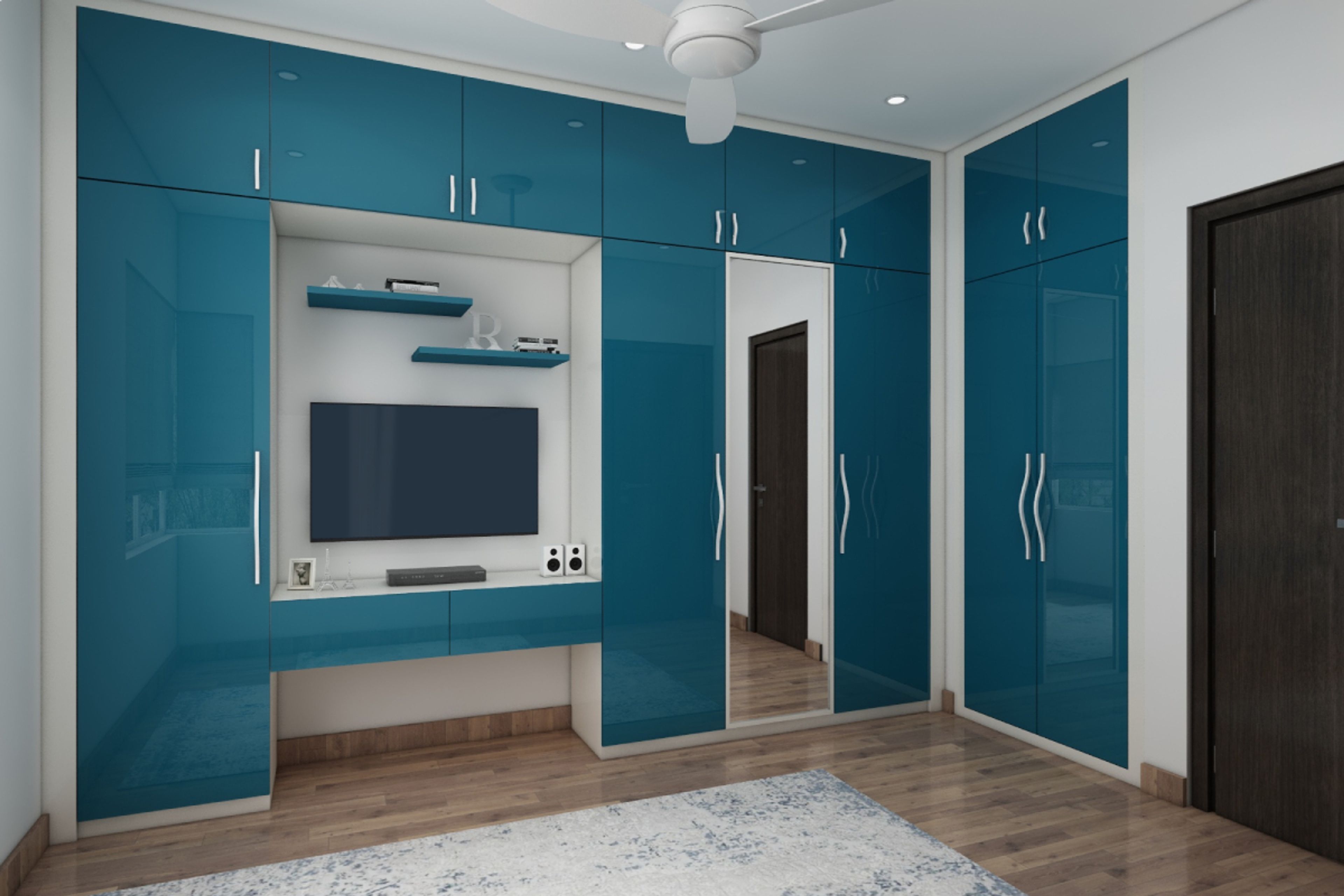 Modern Blue Wardrobe Design With Mirror