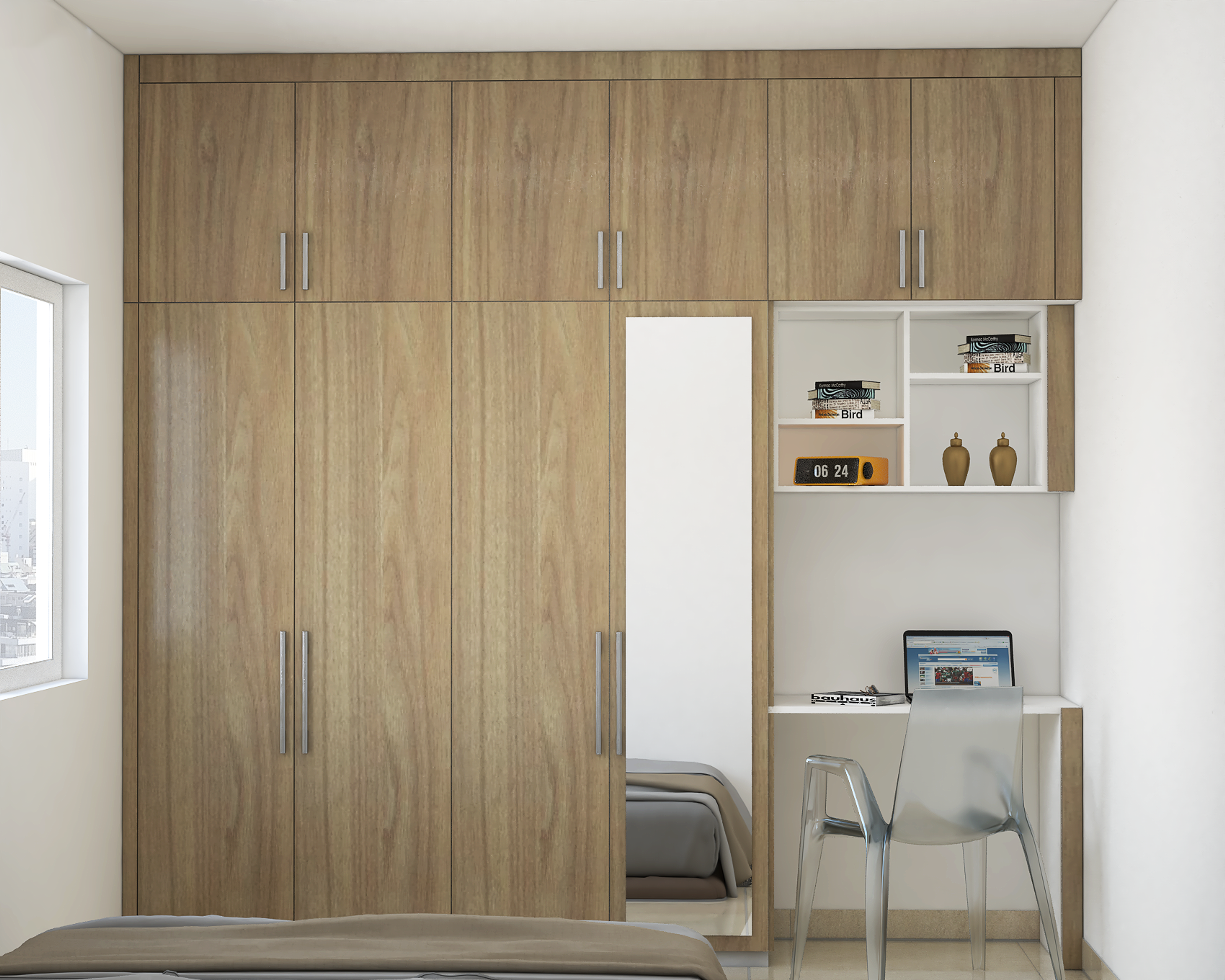 Modern And Spacious Wooden Wardrobe Design With Mirror