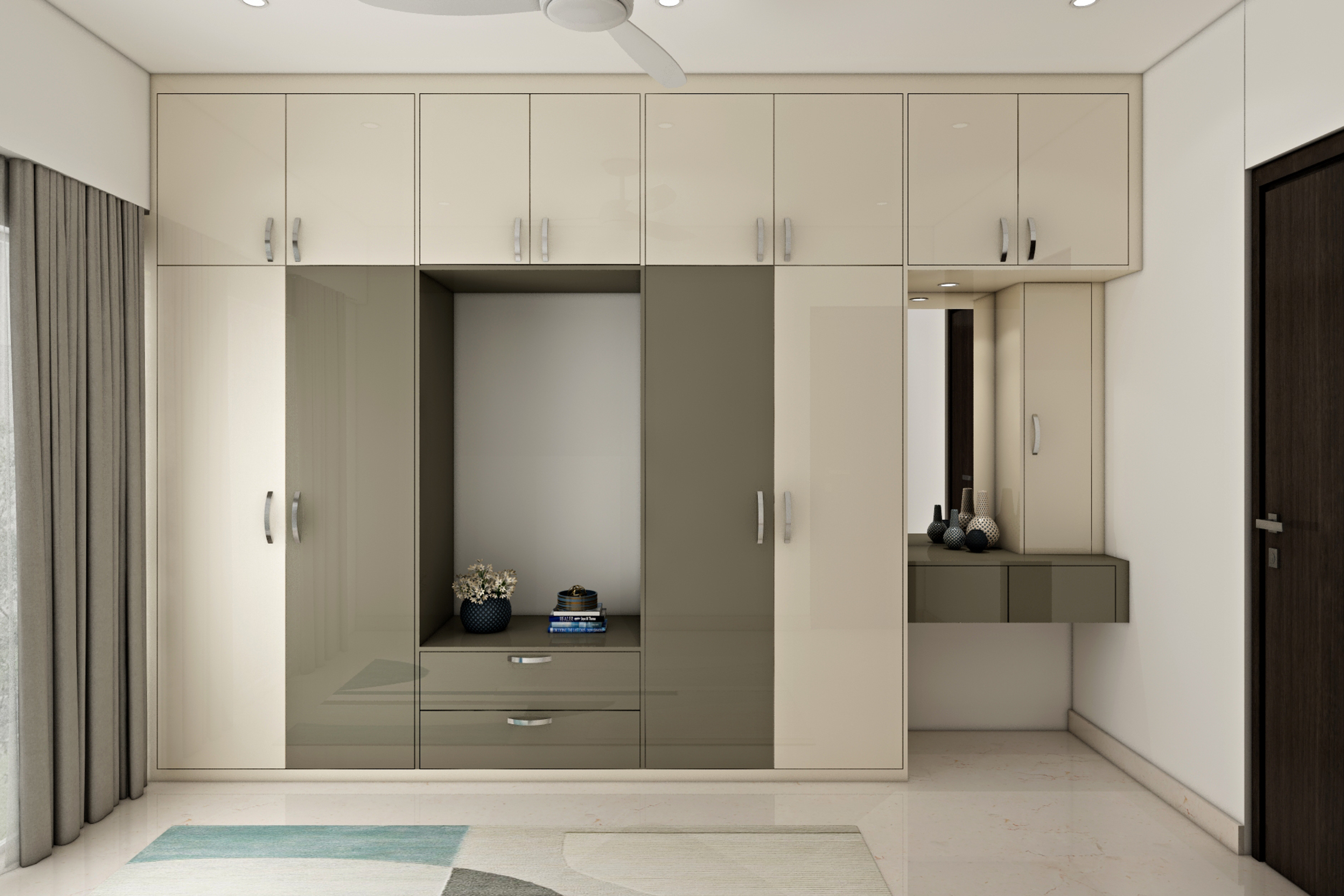 Modern Beige And Grey Themed Wardrobe Design With Mirror