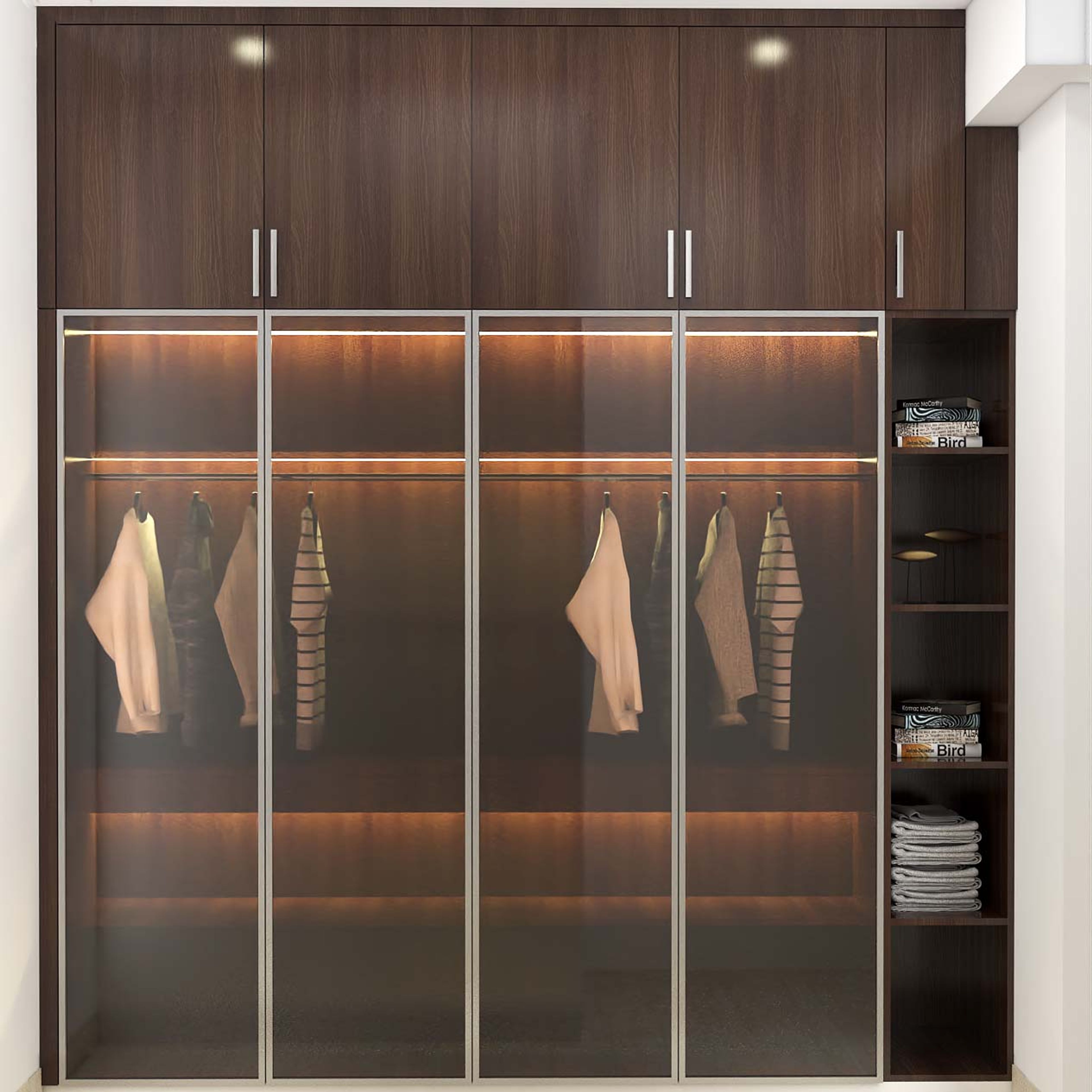 Modern Wardrobe Design With Translucent Shutters And Loft