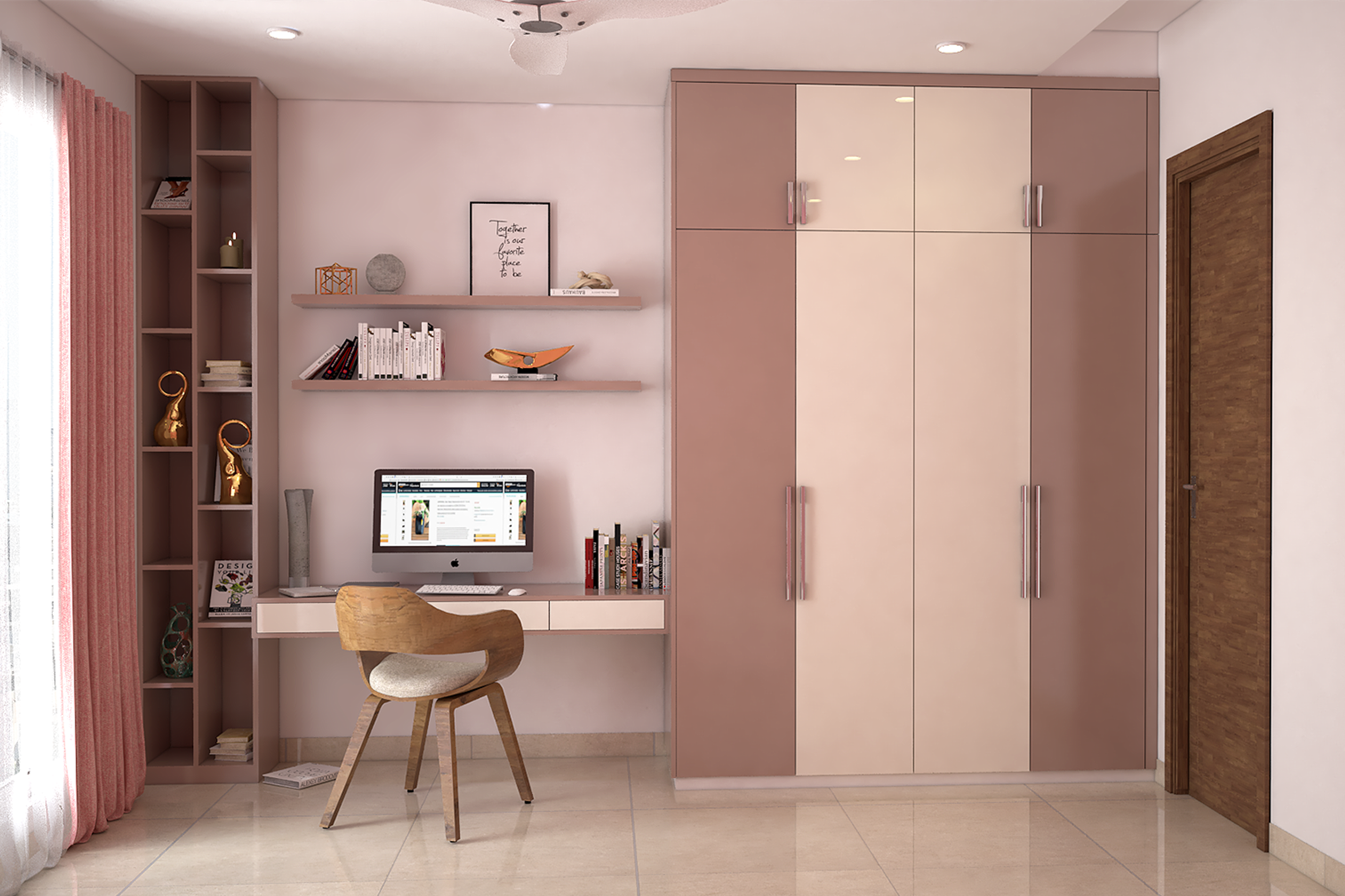 Modern And Spacious Pink Wardrobe Design With Study Table