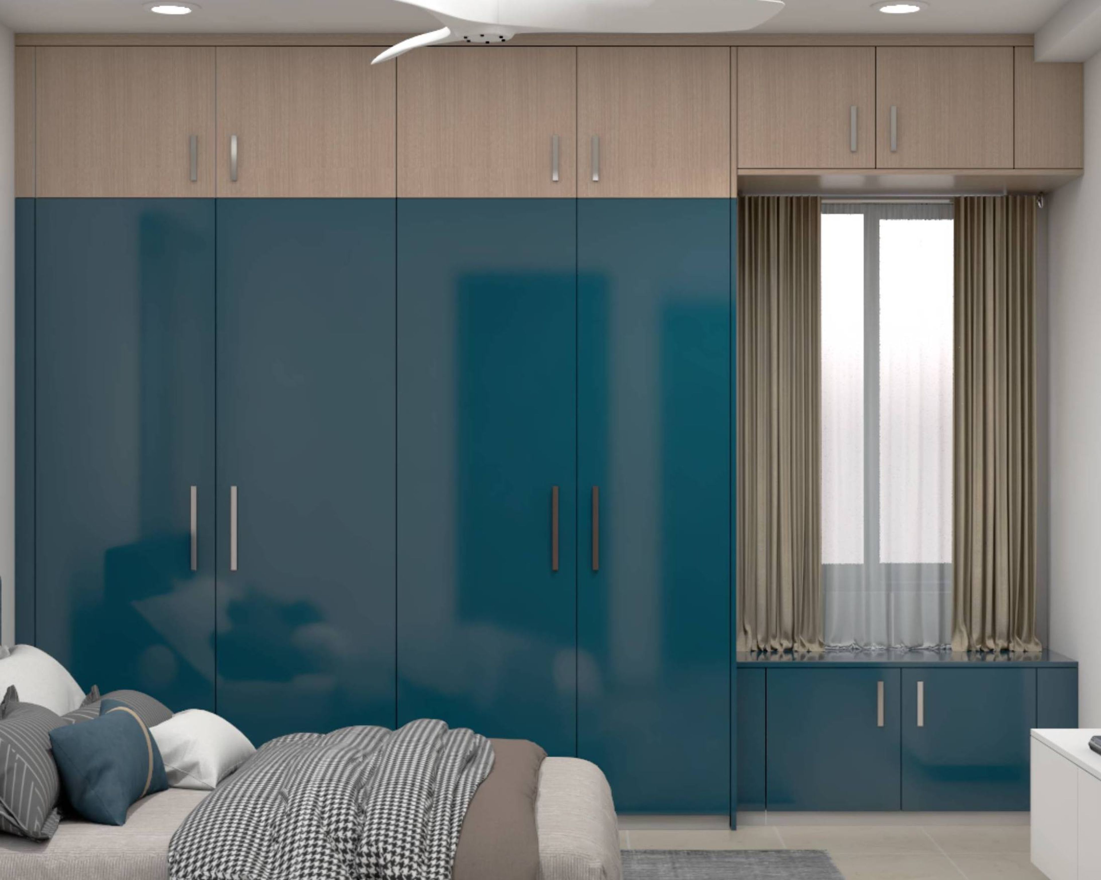 Blue And Wood Finish Modern Wardrobe Design