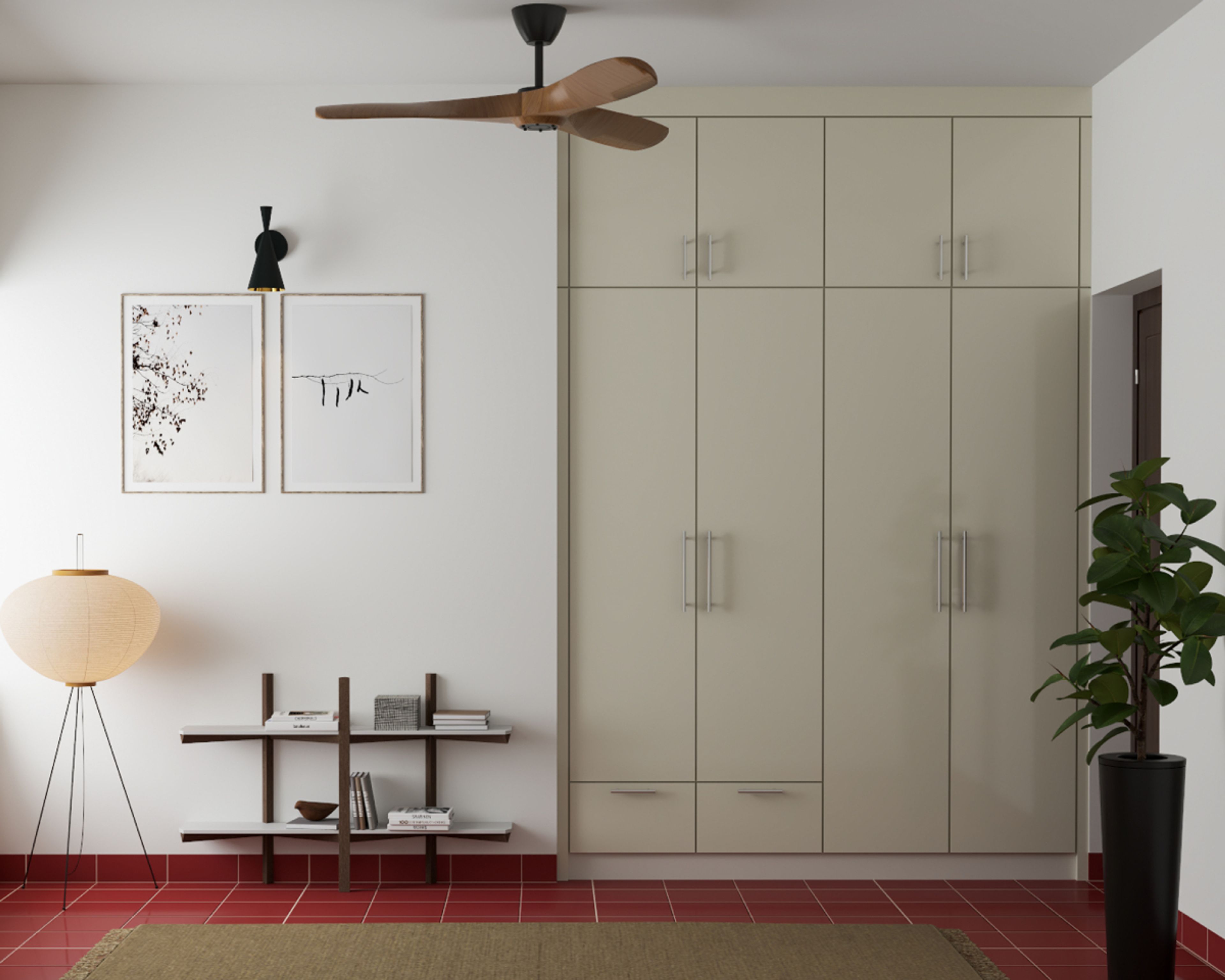 Compact Glossy Beige Finish Wardrobe With Red Flooring