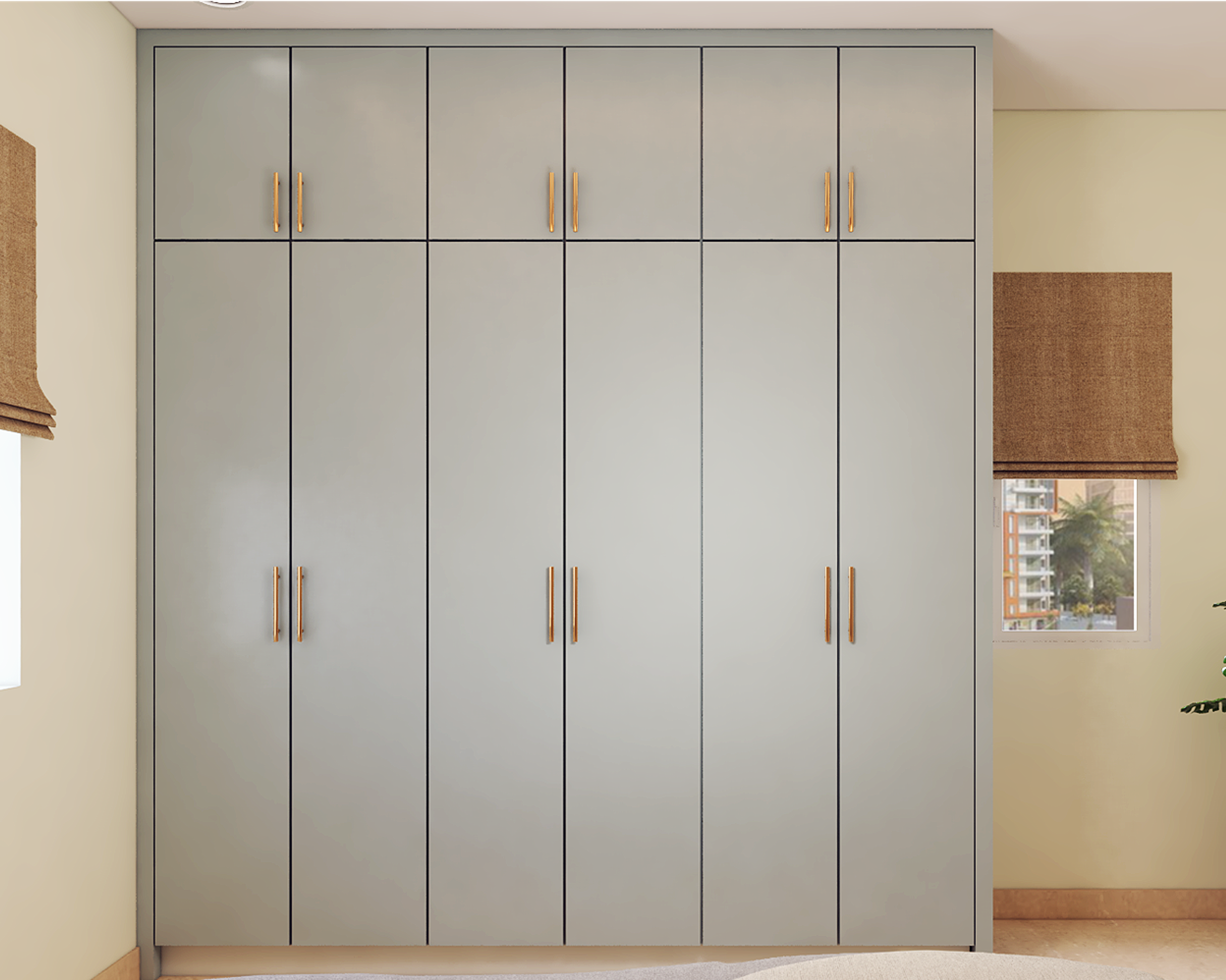 Modern Grey Wardrobe Design With Golden Handles