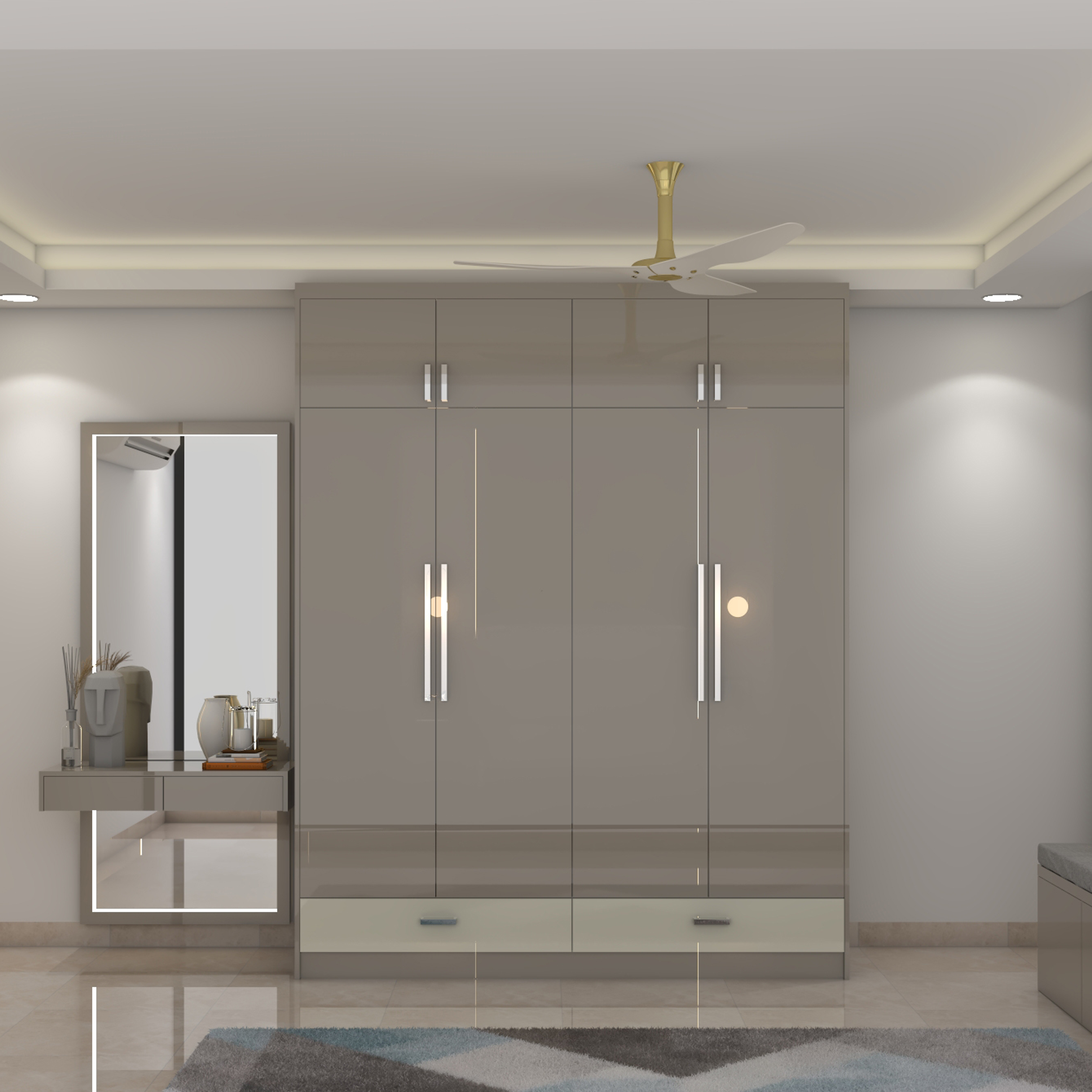 Modern Brown Wardrobe Design With Loft and Drawers